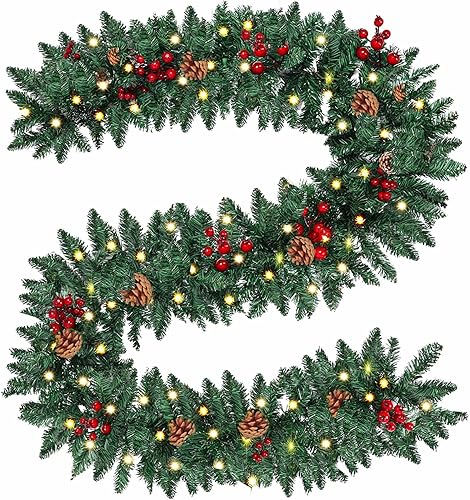 GeLivable Guirnalda de Navidad artificial preiluminada de 9 pies, verde, 50 luces cálidas, decorada con piñas, colección de Navidad para exteriores,
