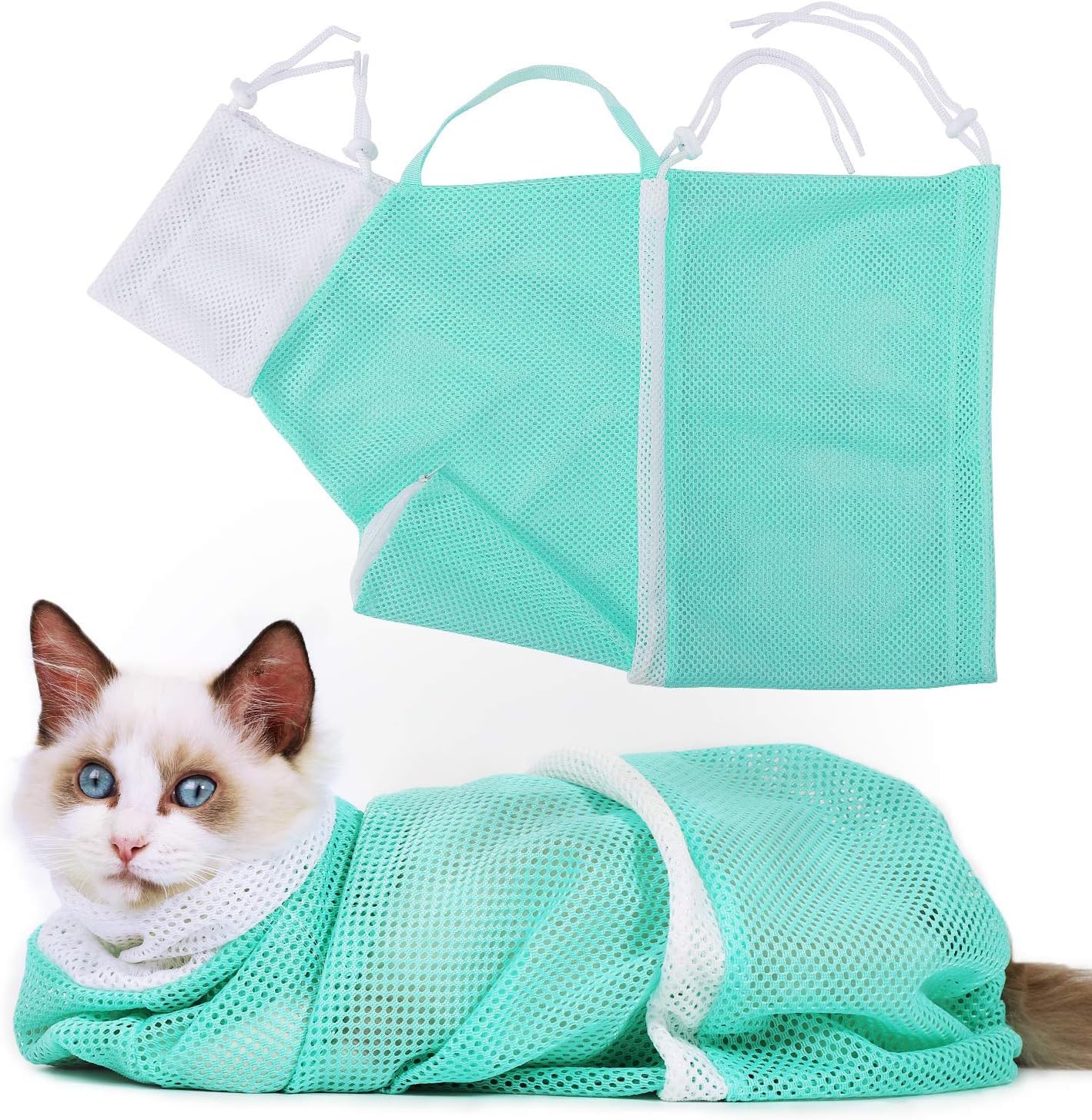 Cat Bathing Bag, Breathable Cat Bathing and Grooming Wash Bag, Adjustable Multifunctional Bag for Cat Restraint Washing Bathing, Nail Trimming Injection, Medicine Taking, Grooming (Green)