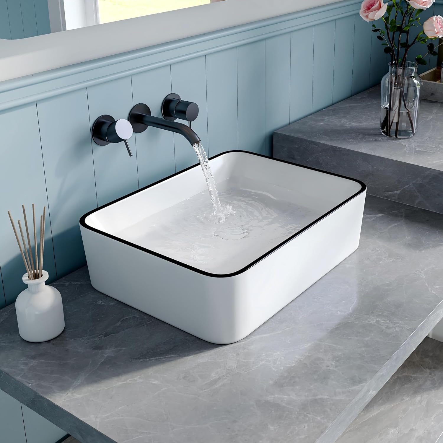 Bathroom Vessel Sink, Eridanus 19" x 14" White with Black Trim Vessel Sink Rectangular Bathroom Sink Porcelain Ceramic Vessel Sinks for Bathroom Vanity Sink Above Counter Basin