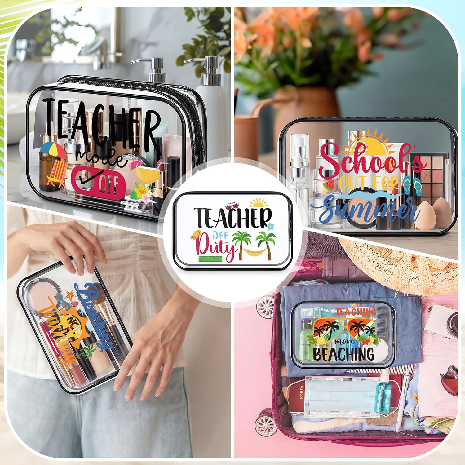Tallew 6 Pcs Summer Teacher Gifts Beach Clear Makeup Bags Teacher PVC Cosmetic Bags with Survival Zipper Waterproof Portable Travel Toiletry Pouch Storage End of School Year Gifts for Women
