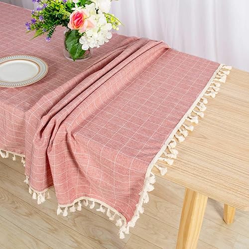 Miniatura 2 de ShinyBeauty Mantel rectangular de lino rústico a cuadros a prueba de arrugas, a prueba de polvo, 55 x 72 pulgadas, borde de borla bordado rubor para