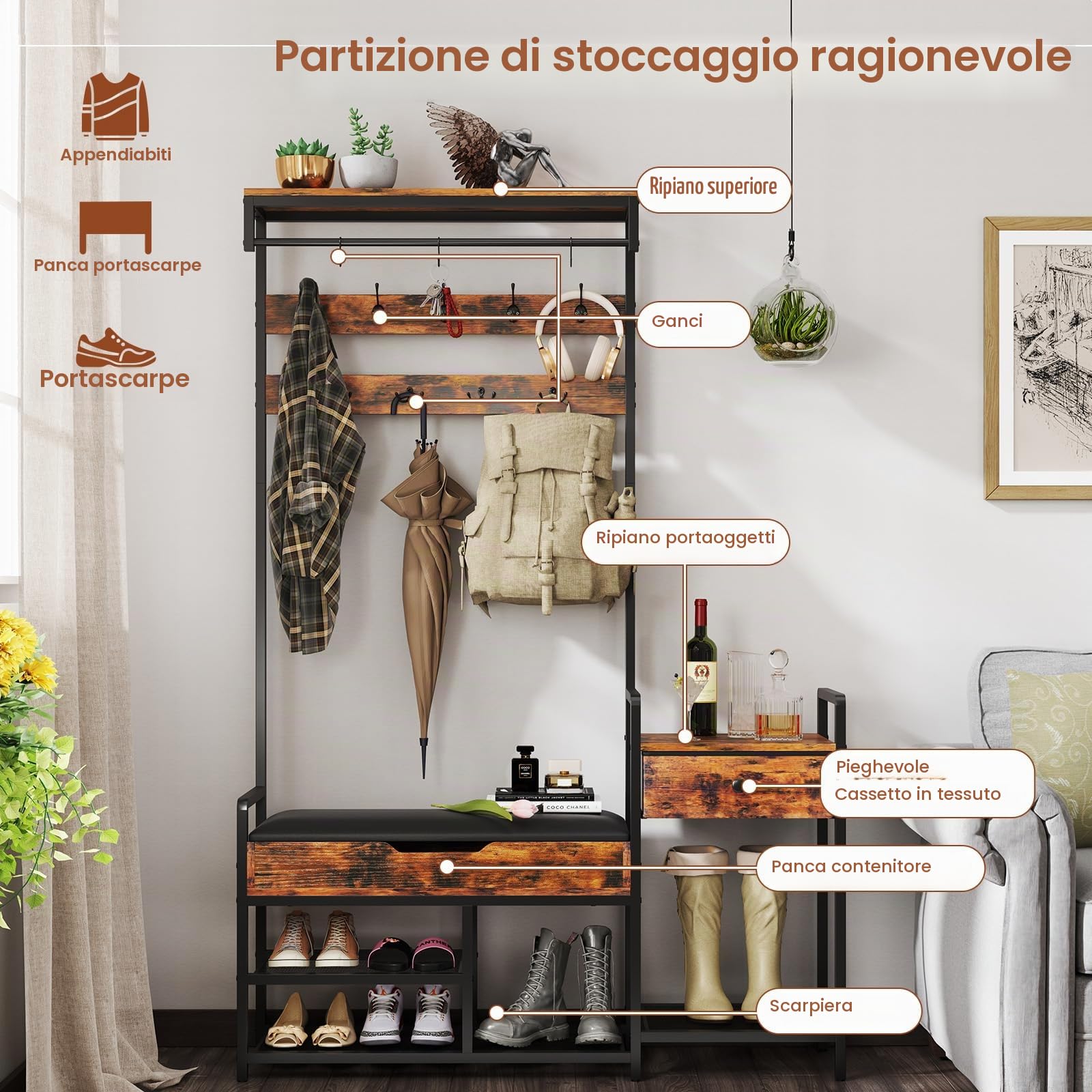 HOMASIS 5 in 1 Stand Appendiabiti con Panca per Scarpe, Guardaroba a Giorno con 12 Ganci, Scarpiera, Asta Appendiabiti, Cassetti e Scaffali, Armadio Aperto in Metallo, Marrone, 120 x 30 x 178 cm