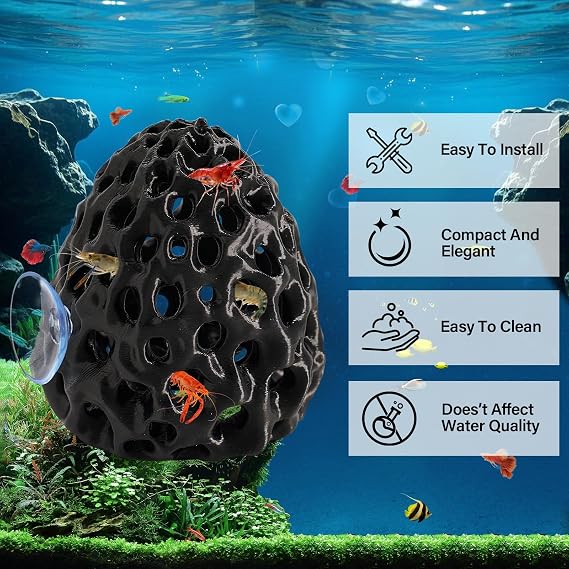 Shrimp Dome Hide with Suction Cup, Shrimps Resting Hideout Cave, Aquarium Decor Accessories for Betta Small Fish Guppy (Black)