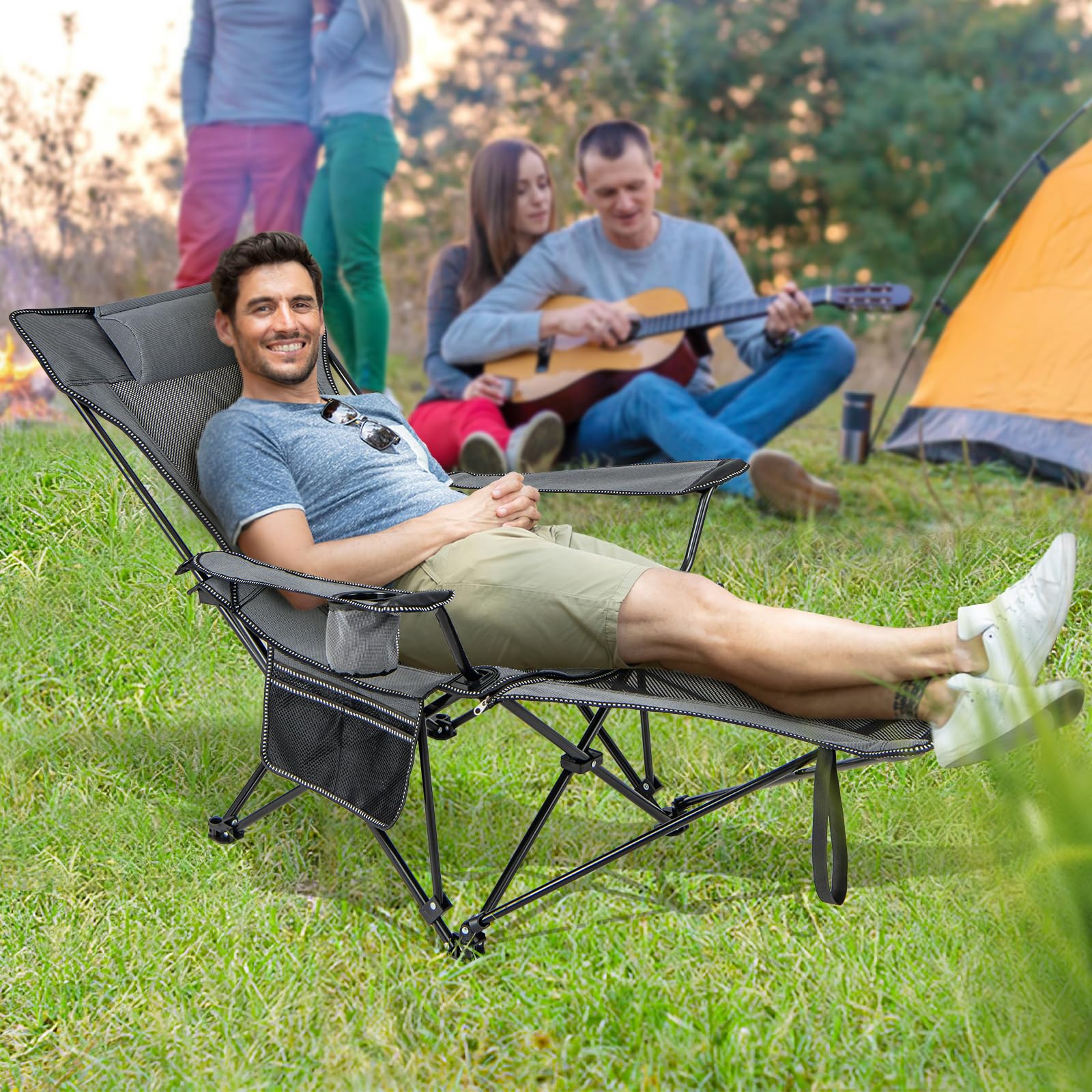 COSTWAY Chaise Pliante Camping, Chaise Longue Réglable sur 4 Positions, Repose-Pieds Amovible, Appui-Tête, Poche, Porte-Gobelet, Fauteuil Inclinable pour Plage Pêche Bureau, Charge 150 KG, Gris