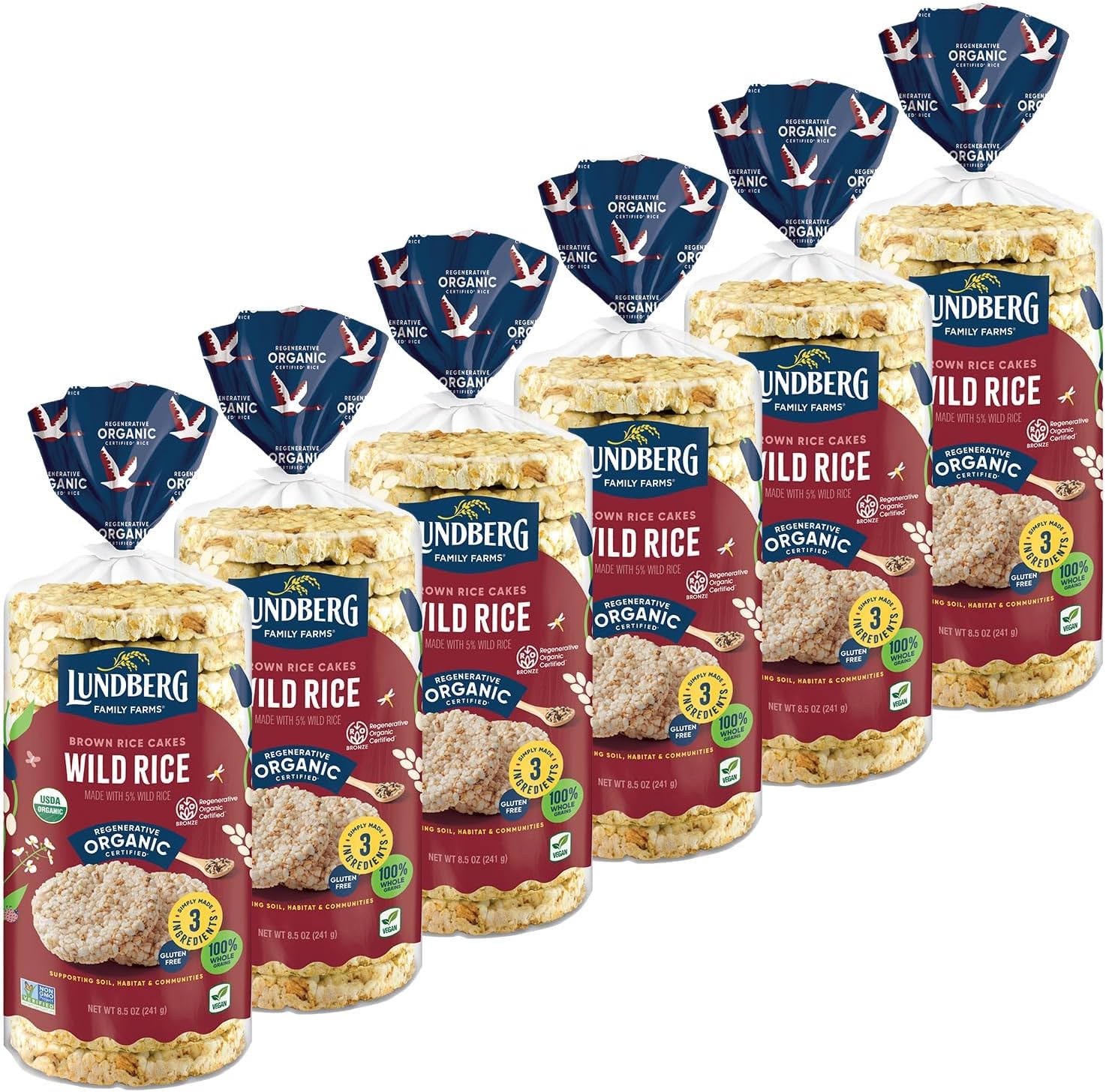 Lundberg Rice Cakes, Organic Wild Rice, Lightly Salted, 6-Pack โ Regenerative Organic Certified Rice Cakes, Healthy Snacks, Gluten-Free & Vegan, 8.5 Oz Ea | Healthy Snack for the Whole Family, Kosher, USDA-Organic, Gluten-Free, Vegan