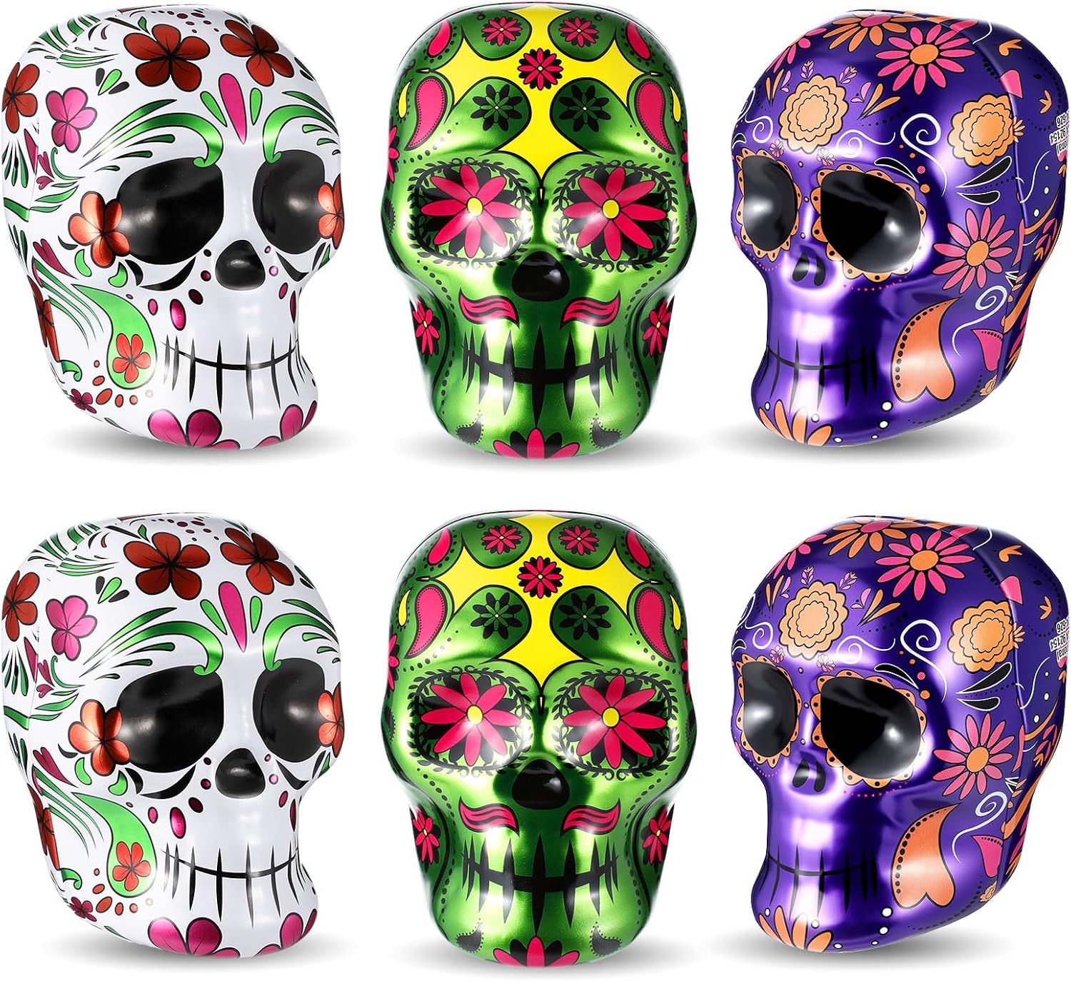 Honeydak 6 Pcs Day of The Dead Skulls Halloween Sugar Candies Skull Metal Tin Dia De Los Muertos Skull for Indoor Ofrenda Decoration Holiday Display Halloween Party Favor