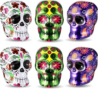 Honeydak 6 Pcs Day of The Dead Skulls Halloween Sugar Candies Skull Metal Tin Dia De Los Muertos Skull for Indoor Ofrenda Decoration Holiday Display Halloween Party Favor