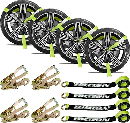 Paquete de 4 correas de amarre de automóvil para remolques, 2 x 96 pulgadas, carga de trabajo segura de 3,300 libras, correas de rueda ajustables