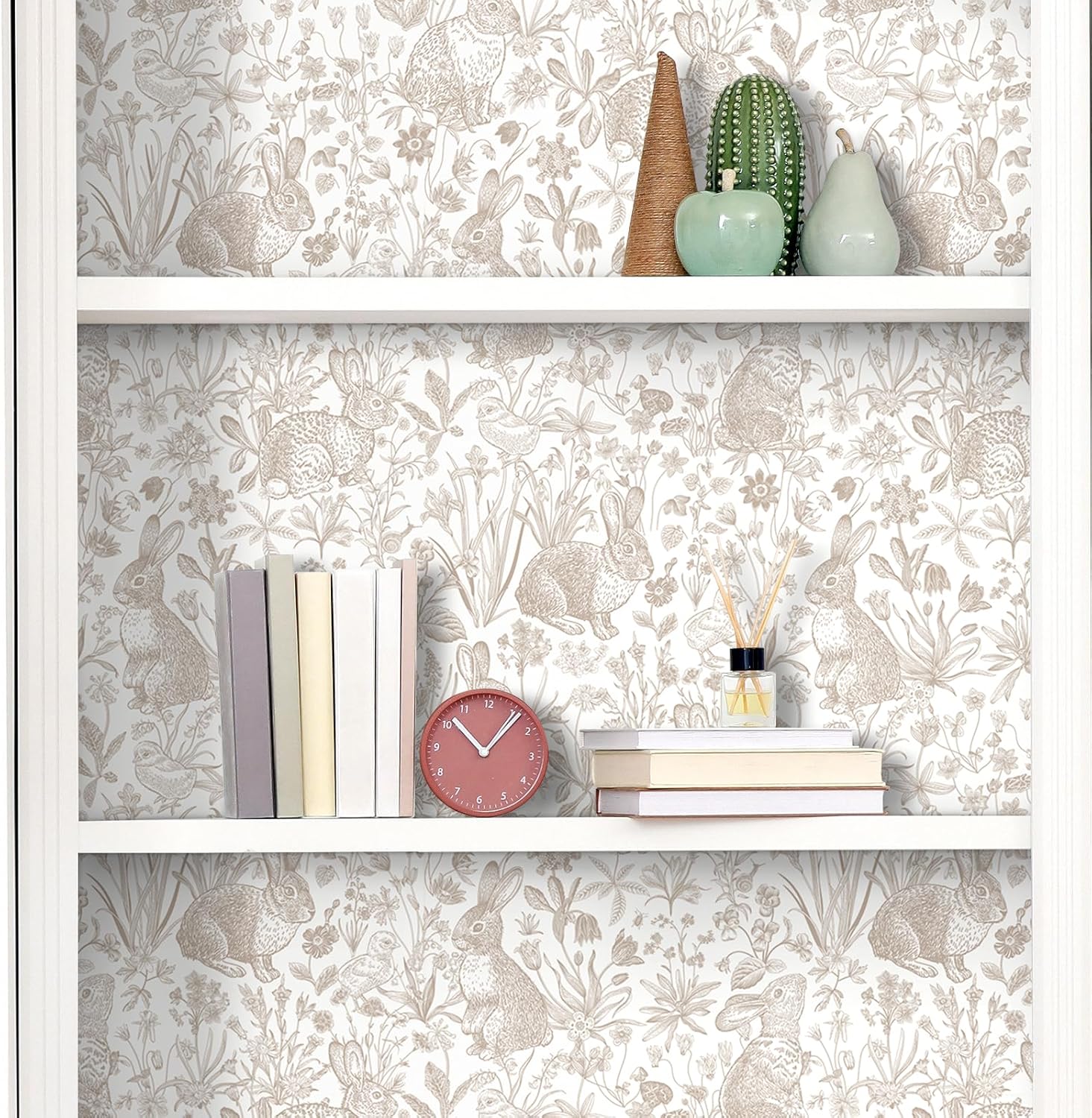 ReWallpaper 17.5in×23ft Beige Bunny Wallpaper Peel and Stick Neutral Countryside Cottage Wallpaper Bathroom Waterproof Whimsical Woodland Rabbits Bunny Wall Decor for Nursery Kids Room Bedroom Walls