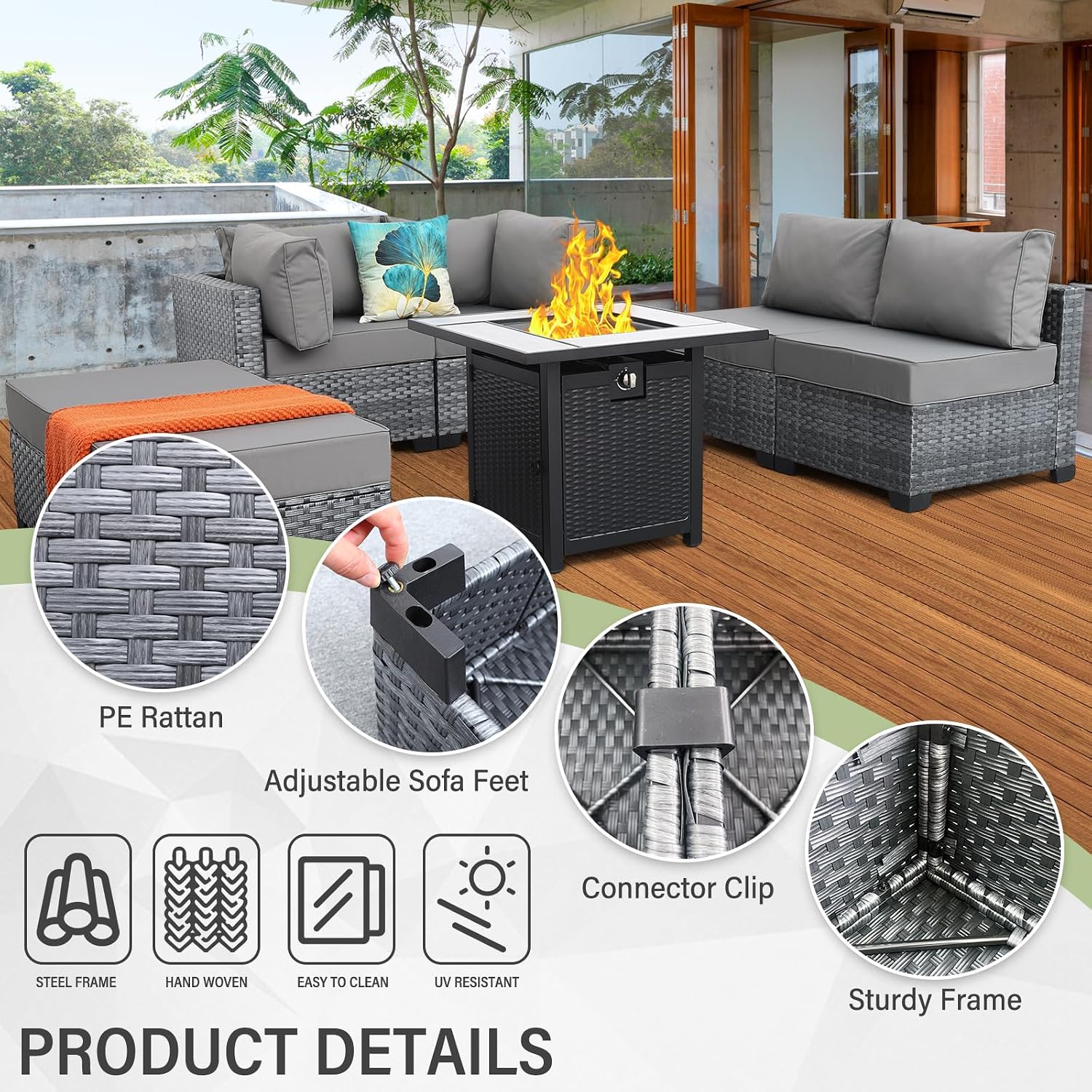 WAROOM Outdoor Patio Furniture Set 7 Pieces Gray Rattan Sectional Sofa PE Wicker Conversation Couch Sets with Propane Fire Pit Table, Anti-Slip Thick Grey Cushion