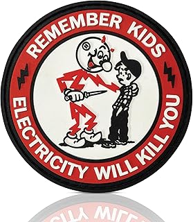 Reddy Kilowatt PVC Patch - Remember Kids Electricity Will Kill You | Funny Rubber Morale Patches for Backpacks, Hard Hat, Vest | Lineman, Electrician, Construction Worker Gifts (Circle - Red PVC) - EPIC Goods