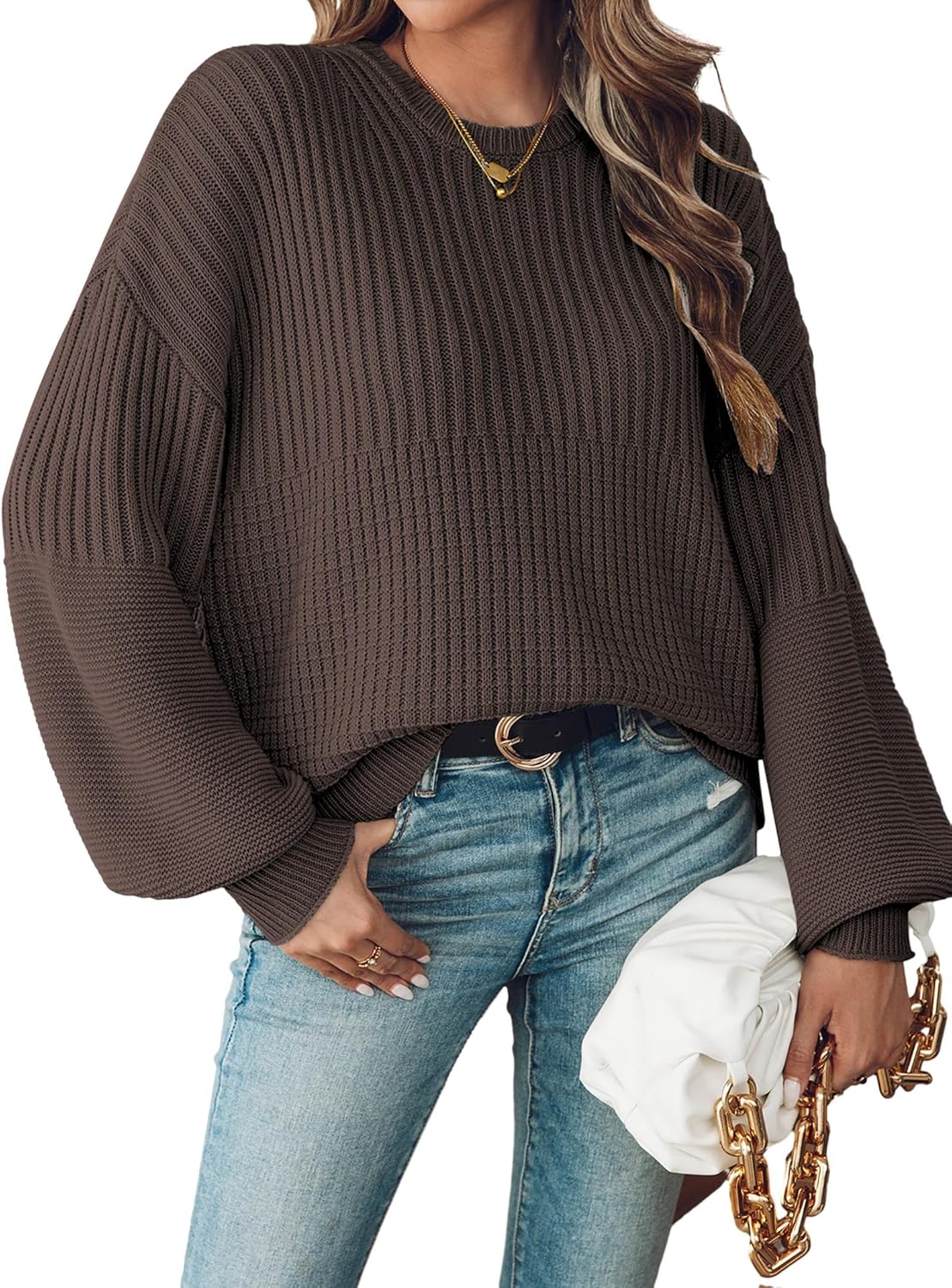 SunnyMelody Womens Oversized Batwing Sleeve Sweater Winter 2025 Trendy Ribbed Waffle Knit Crewneck Pullover Tops