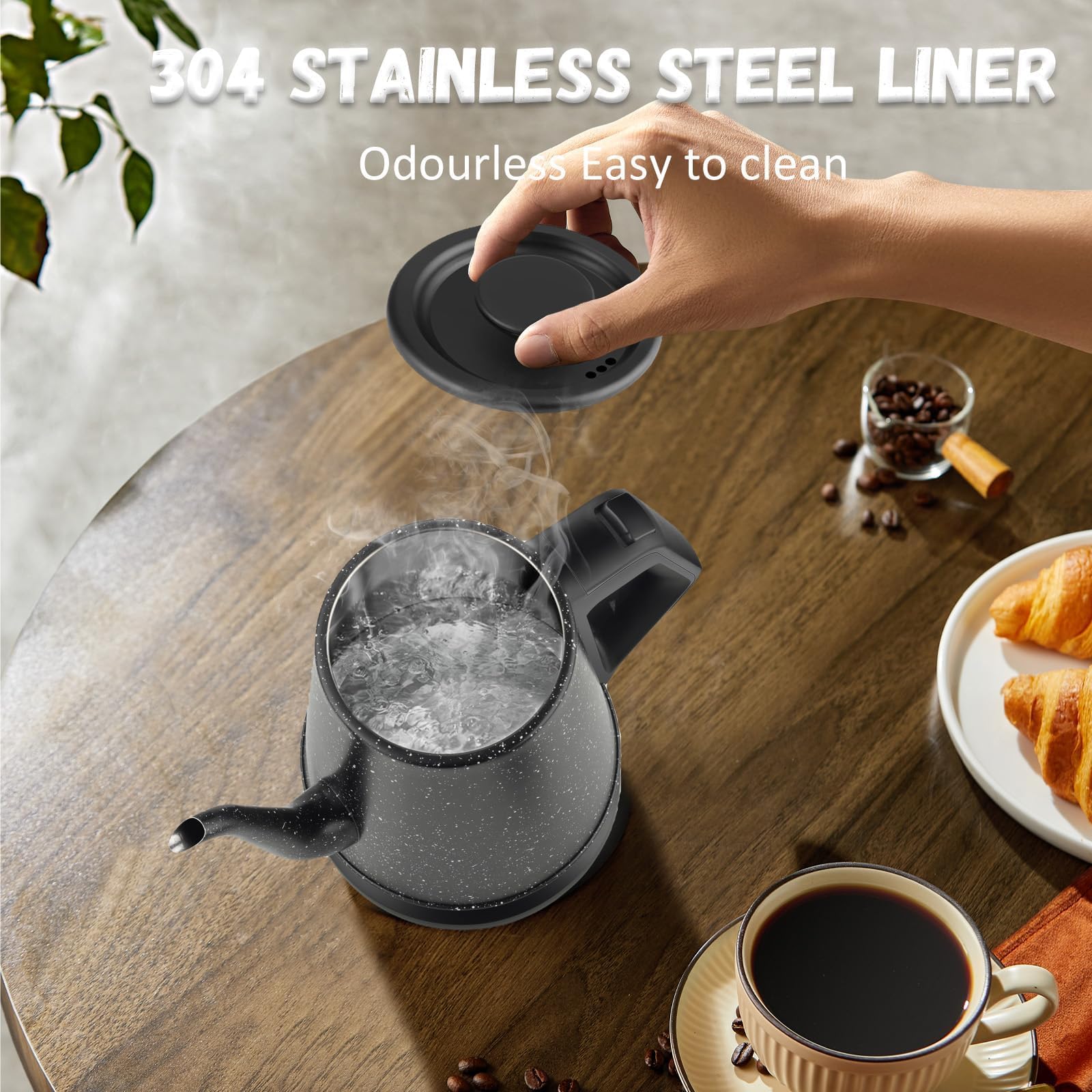 Hervidor Eléctrico Cuello de Cisne 1.0L, 1000W Calentamiento 3 Min, Acero Inoxidable, para Oficina/Viaje/Cocina, Apagado Automático, Diseño Estrella Negra, Sin BPA
