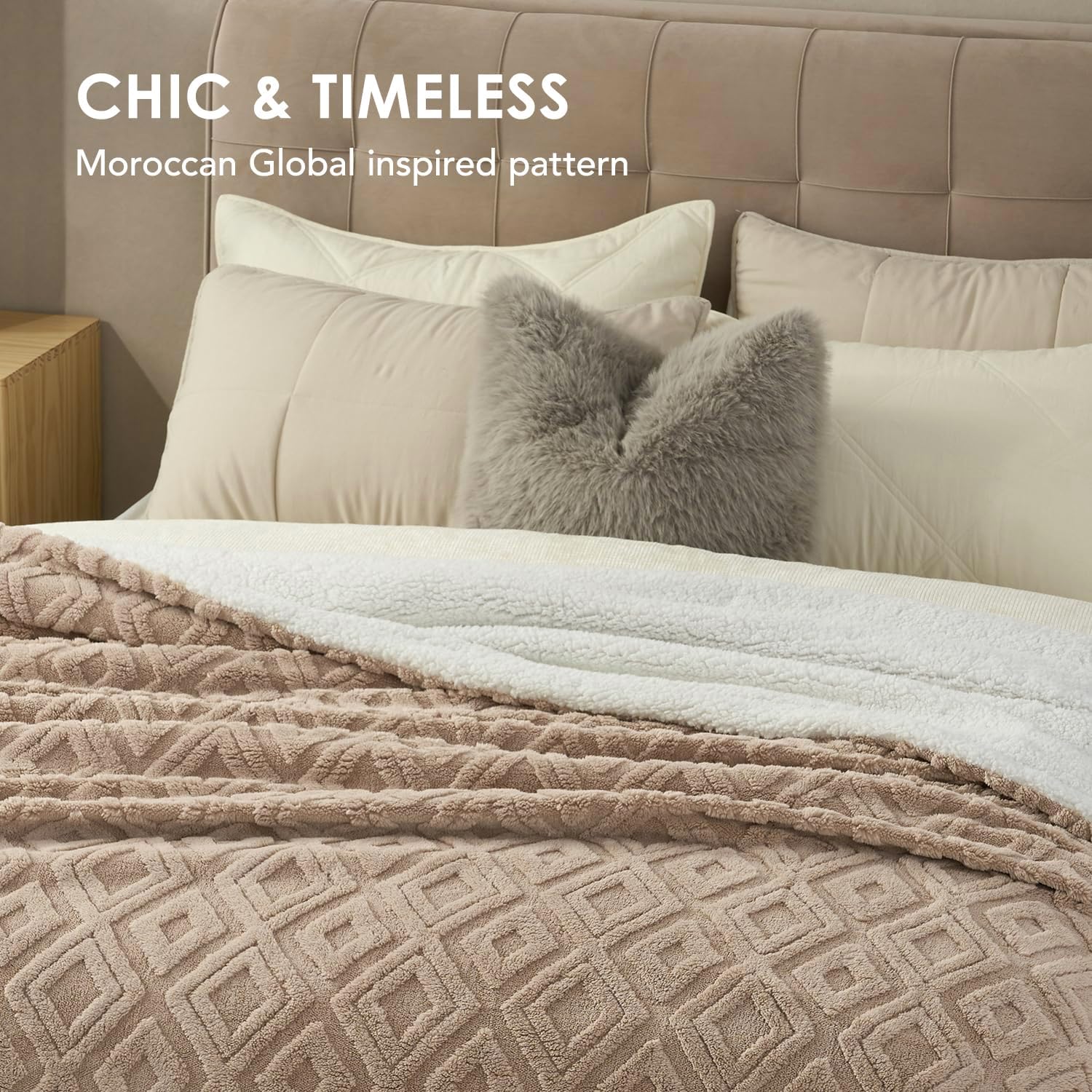 EVERGRACE Jacquard Boho Sherpa Fleece Throw Blanket for Couch, Super Soft Cozy Fuzzy Plush Blankets for Winter, Reversible Thick Warm Blanket for Bed, Sofa, Living Room, Khaki Tan, 108" x 90"