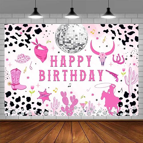 Fondo de vaquera occidental, 7 x 5 pies, estampado de vaca rosa, fiesta de cumpleaños de niña del salvaje oeste, fondo de fotografía, suministros de