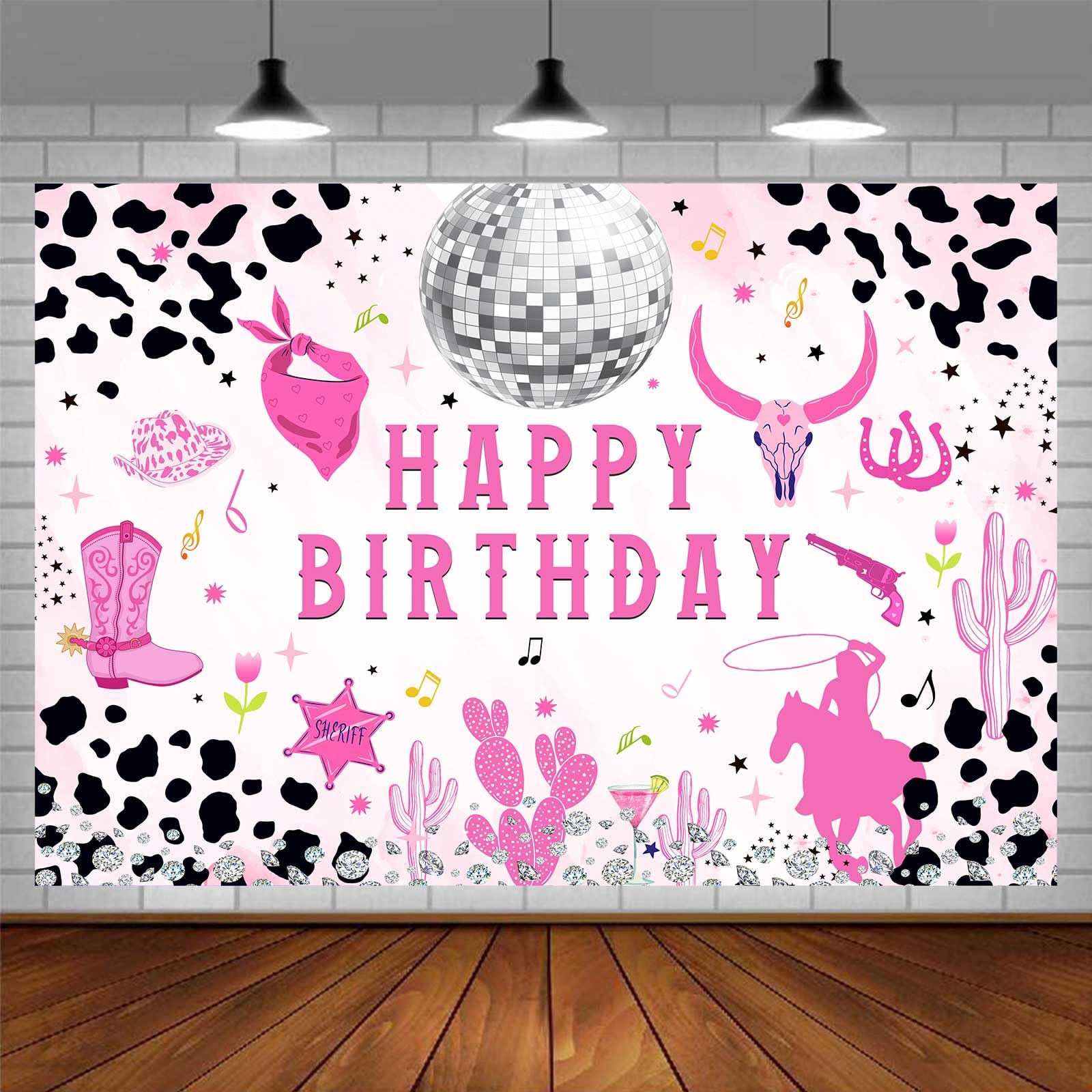 EMDSPR Western Cowgirl Backdrop, 6x6ft, Pink Cow Print Wild West Girl Birthday Party Photography Background Baby Shower Party Supplies Cake Table