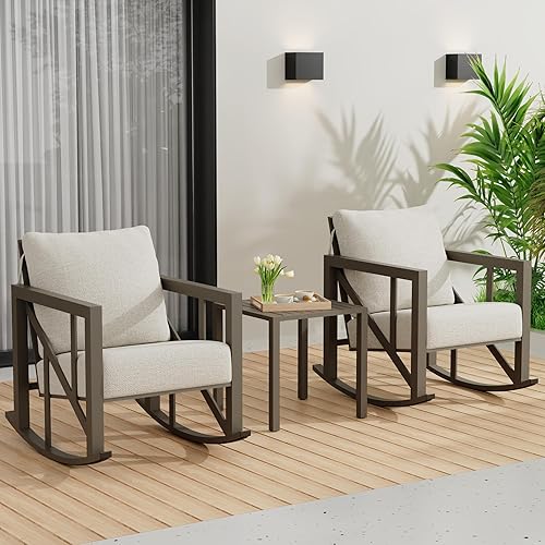 TOLEAD Juego de sillas mecedoras para exteriores, juego de muebles de patio de 3 piezas, juego de muebles de patio al aire libre con 2 balancines y