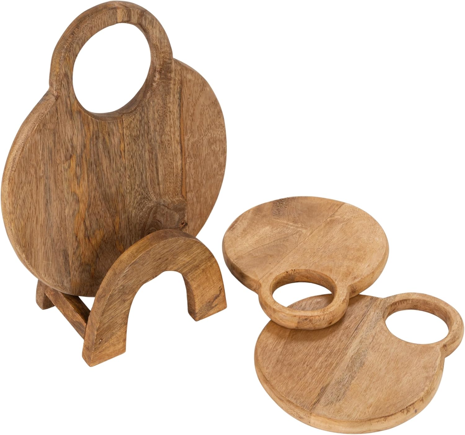 Creative Co-Op 3-Piece Round Mango Wood Cutting Boards in Various Sizes with Stand, Natural
