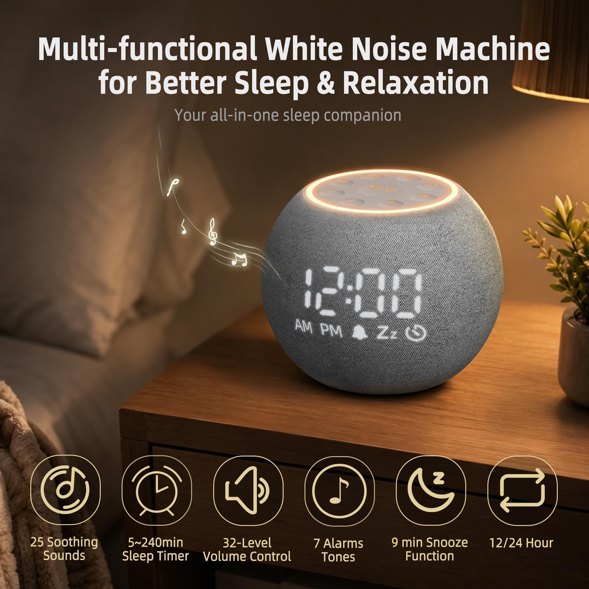 Maxstar Reloj despertador digital con máquina de ruido blanco, 30 sonidos relajantes para dormir, pantalla ajustable, ayuda para dormir para niños y adultos en la oficina o en casa