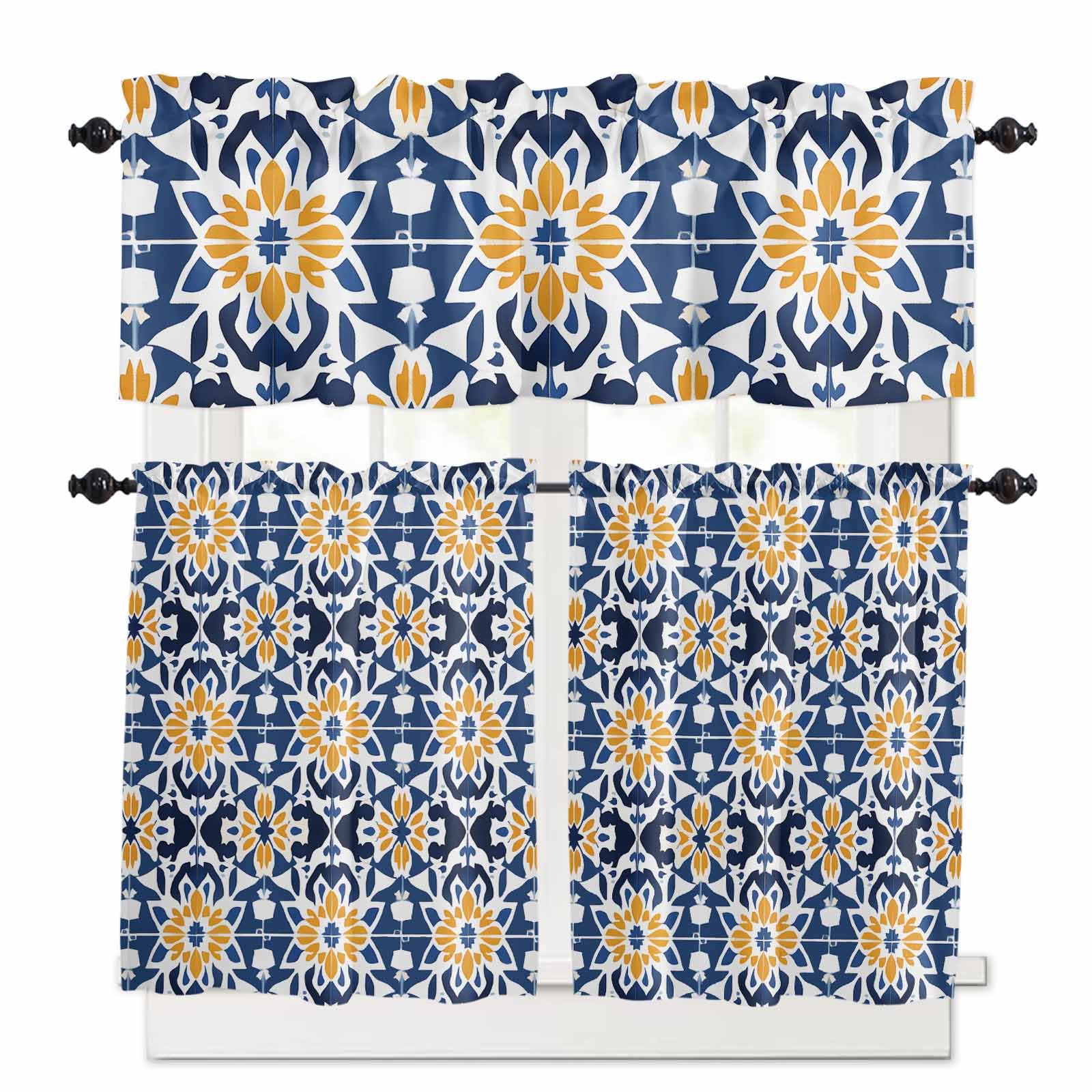 Blue Morocco Kitchen Curtains 36 Inch Length, 3 Piece Rod Pocket Small Half Tiers and Valance Set, Boho Geometric Antique Oriental Pattern Small Large Window Treatment Decor for Bedroom/Bathroom Sink