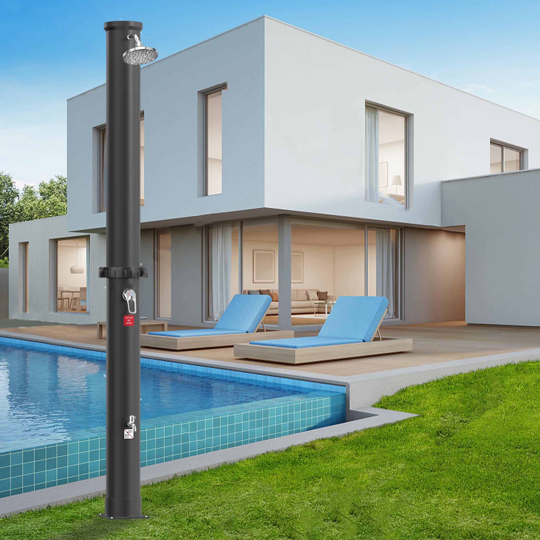 Froadp 35L Solarny System Prysznicowy do Ogrodu Temperatura Wody do 60℃ Prysznic Solarny z Obracającą się o 180° Głowicą Deszczową i Podłączenie Węża Ogrodowego Prysznic Basenowy (Srebrny)