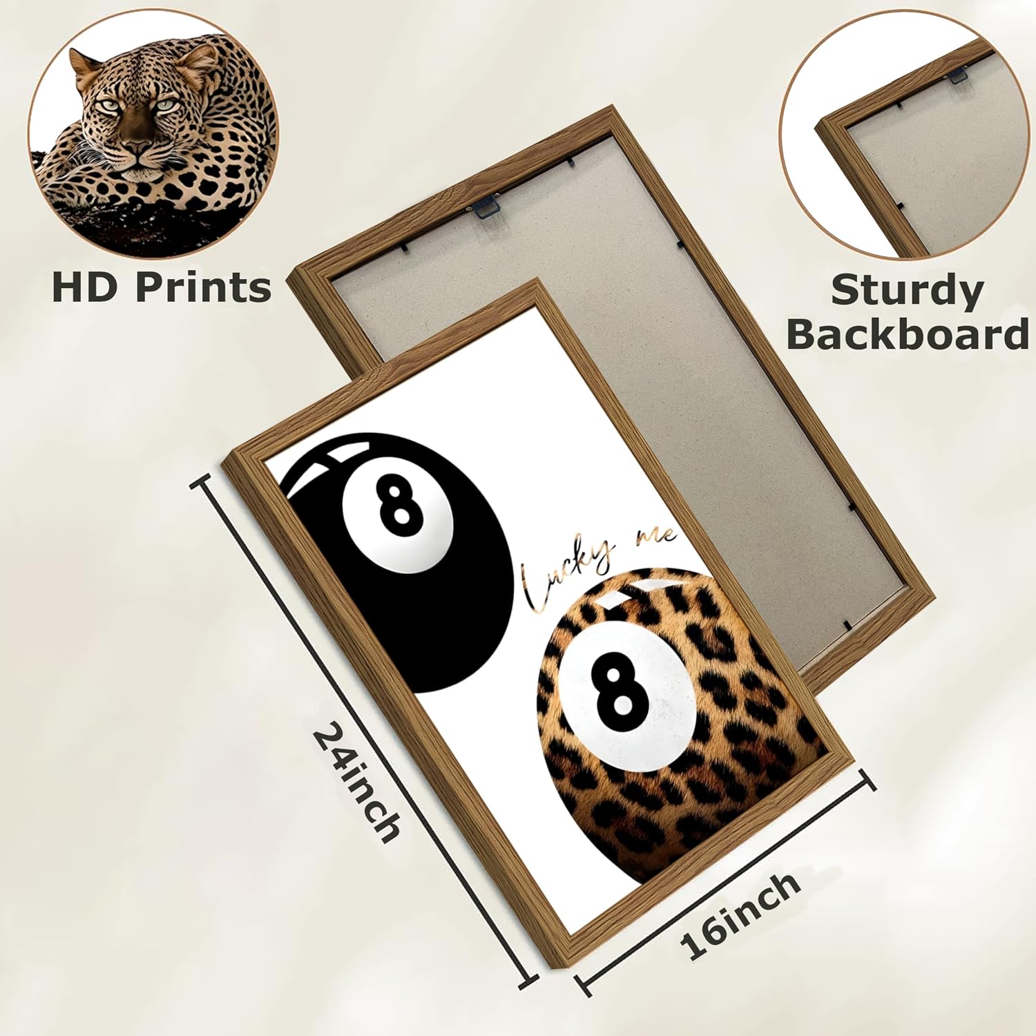 Trendy Leopard Canvas Wall Art Set of 3, Funky Cheetah Lucky 8 Ball Pictures Wall Decor Prints, Preppy Aesthetic Paintings, Girly Aesthetic Home Decor for Living Room Bedroom Dorm 16x24in Wood Framed image 4