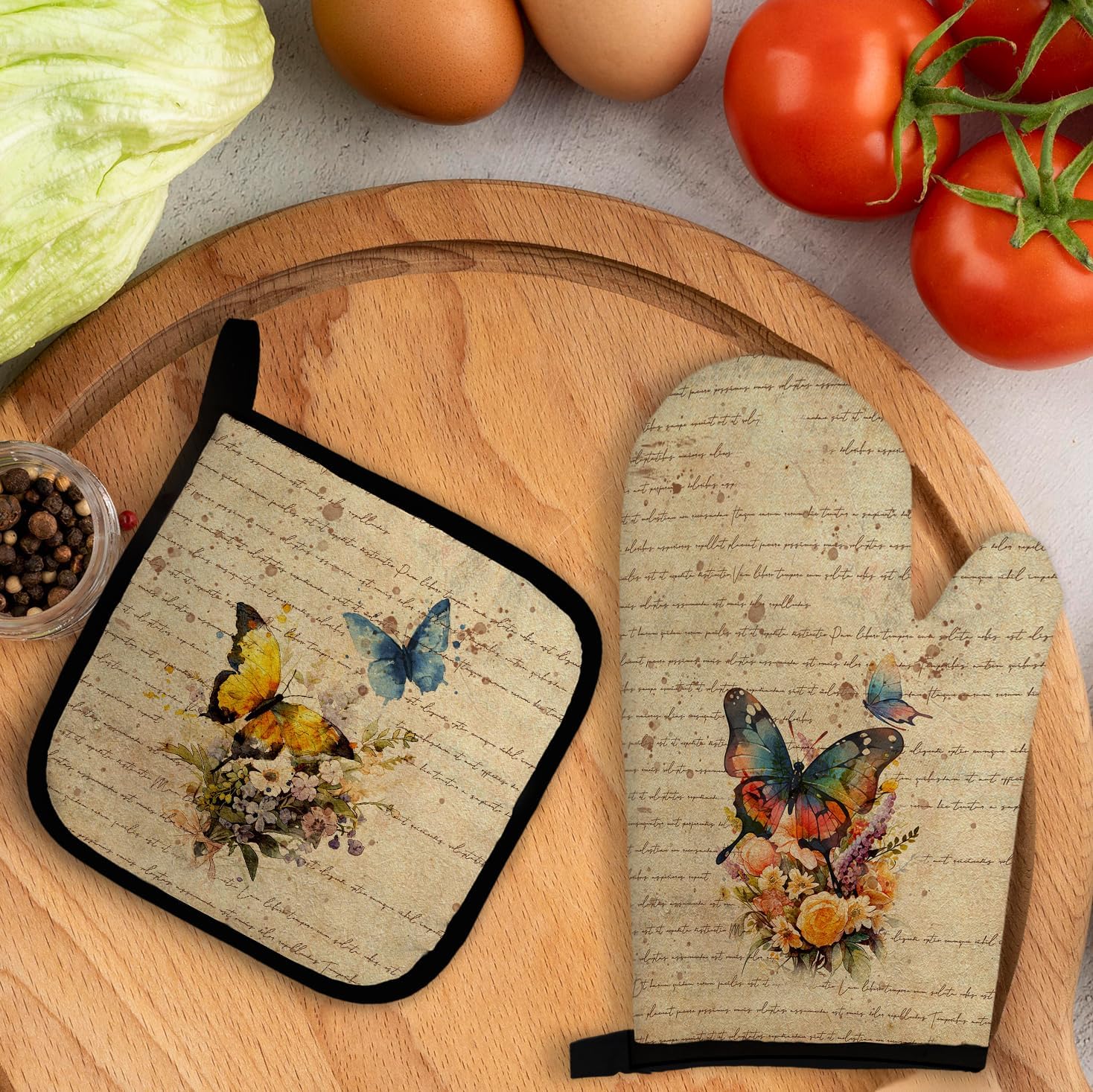 Vintage Butterfly Floral Oven Mitts and Pot Holders Sets, Cottagecore Moth Floral Oven Mitts, Retro Flower Over Mittens for Kitchen Decor, Butterfly Over Gloves Gifts