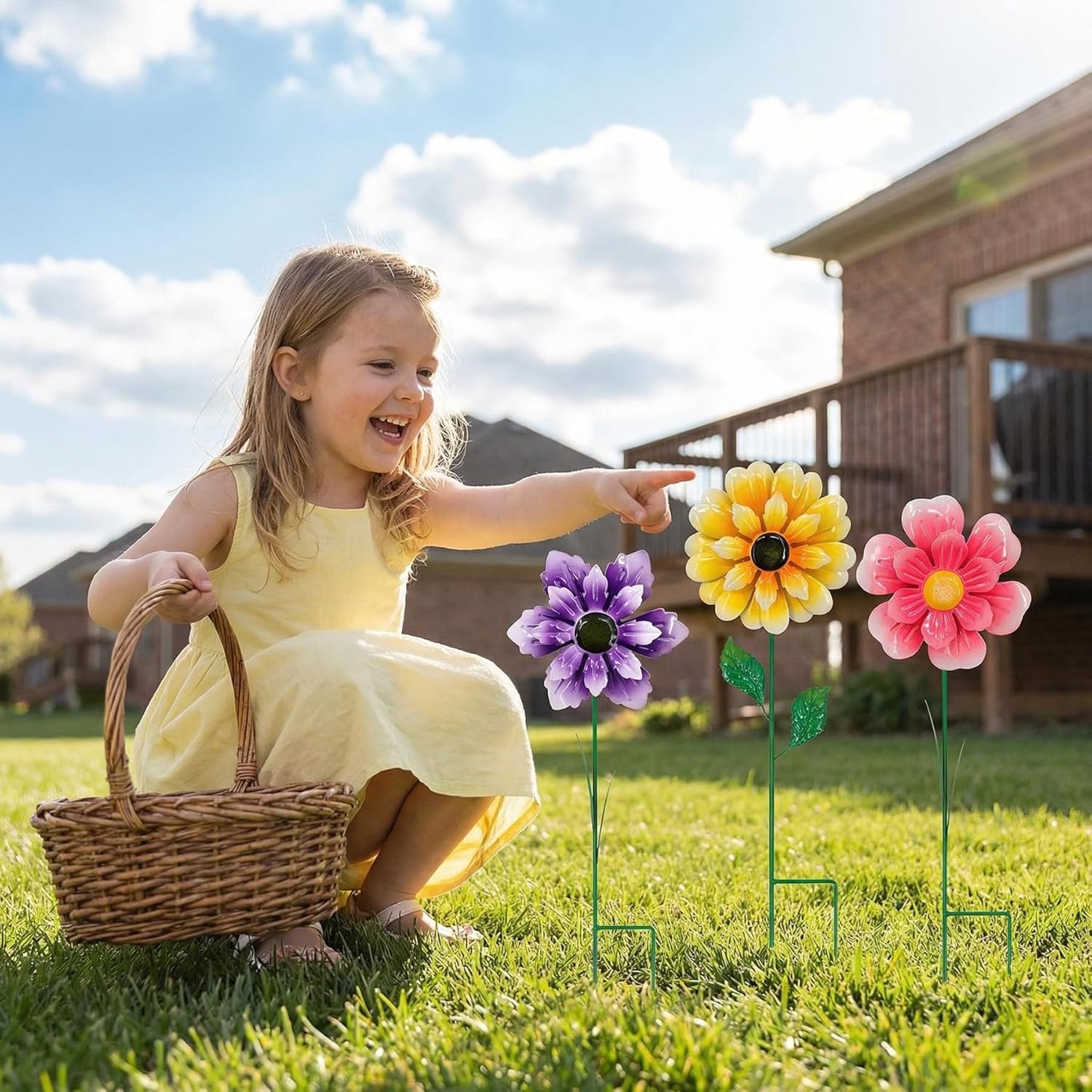 3pcs 18inch Metal Flower Decorative Garden Stakes & Wind Spinner for Outdoor, Colorful Yard Art Garden Decorations for Outside Lawn Porch Pathway Patio.