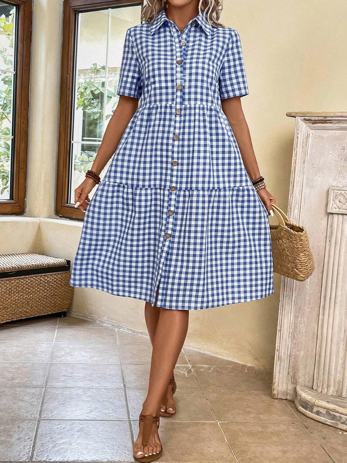 CHOUYATOU Women's Plaid Short Sleeve Button Down Shirt Dress Retro Gingham Button Up Tunic Midi Long Dress - Image 2