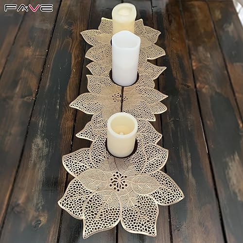 Miniatura 6 de FAVE Camino de mesa dorado de 36 pulgadas resistente al calor, camino de mesa de vinilo en forma de flor, impermeable, lavable, para bodas,
