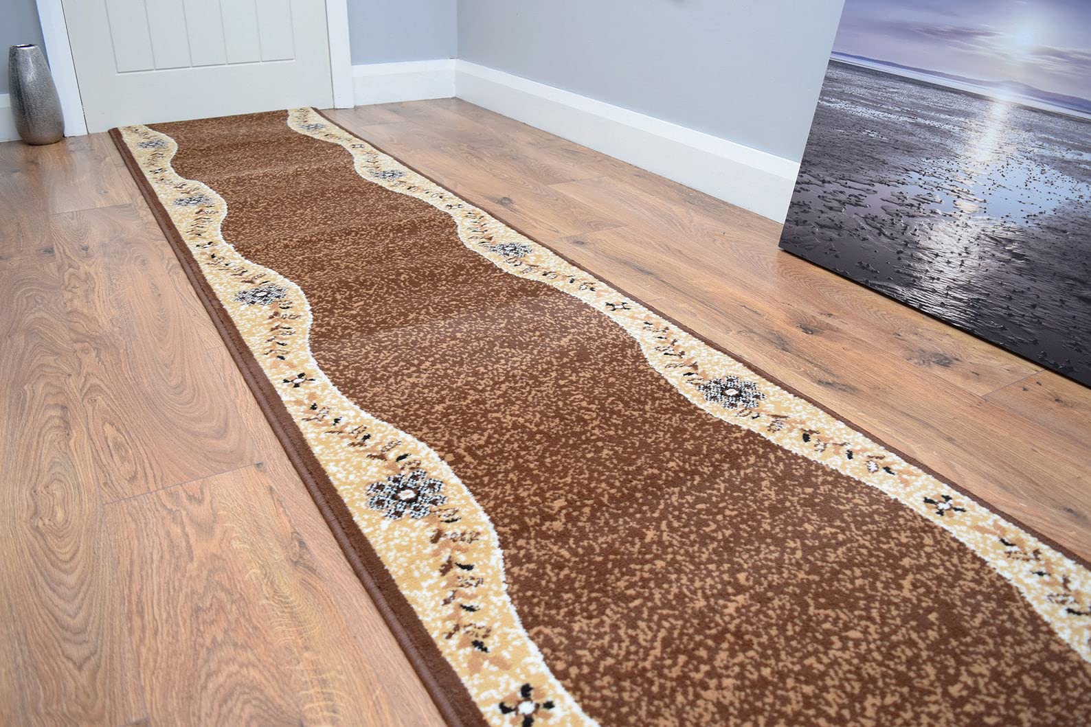 SrS Rugs® Luna Collection, Modern Long Carpet Runner Rug for Entrance Hall and Stairs. Smooth Soft 8mm Depth Pile. 70cm Wide. Any length (Brown Floral Borders, Length: 30' (914cm)) — image 1