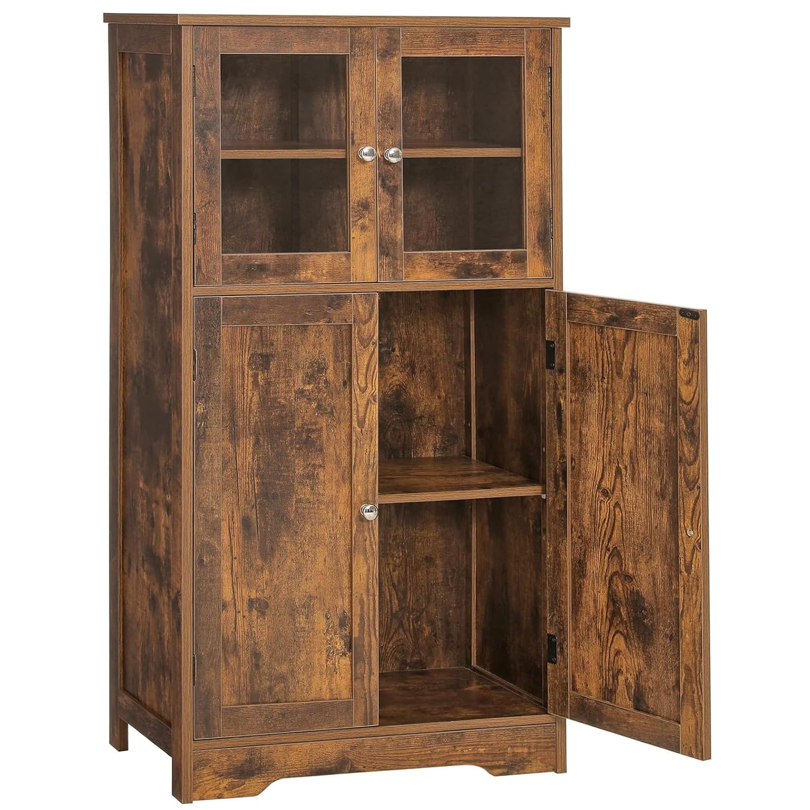 Iwell Storage Cabinet, Bathroom Cabinet with Glass Doors and Adjustable Shelf, Floor Cabinet for Living Room, Kitchen, Entryway, Rustic Brown