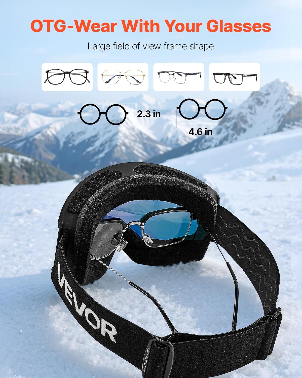 VEVOR Ski Goggles, Cylindrical Lens with Revo Coating, OTG Anti fog Snow Goggles, TPU Frame & Ventilation Structure