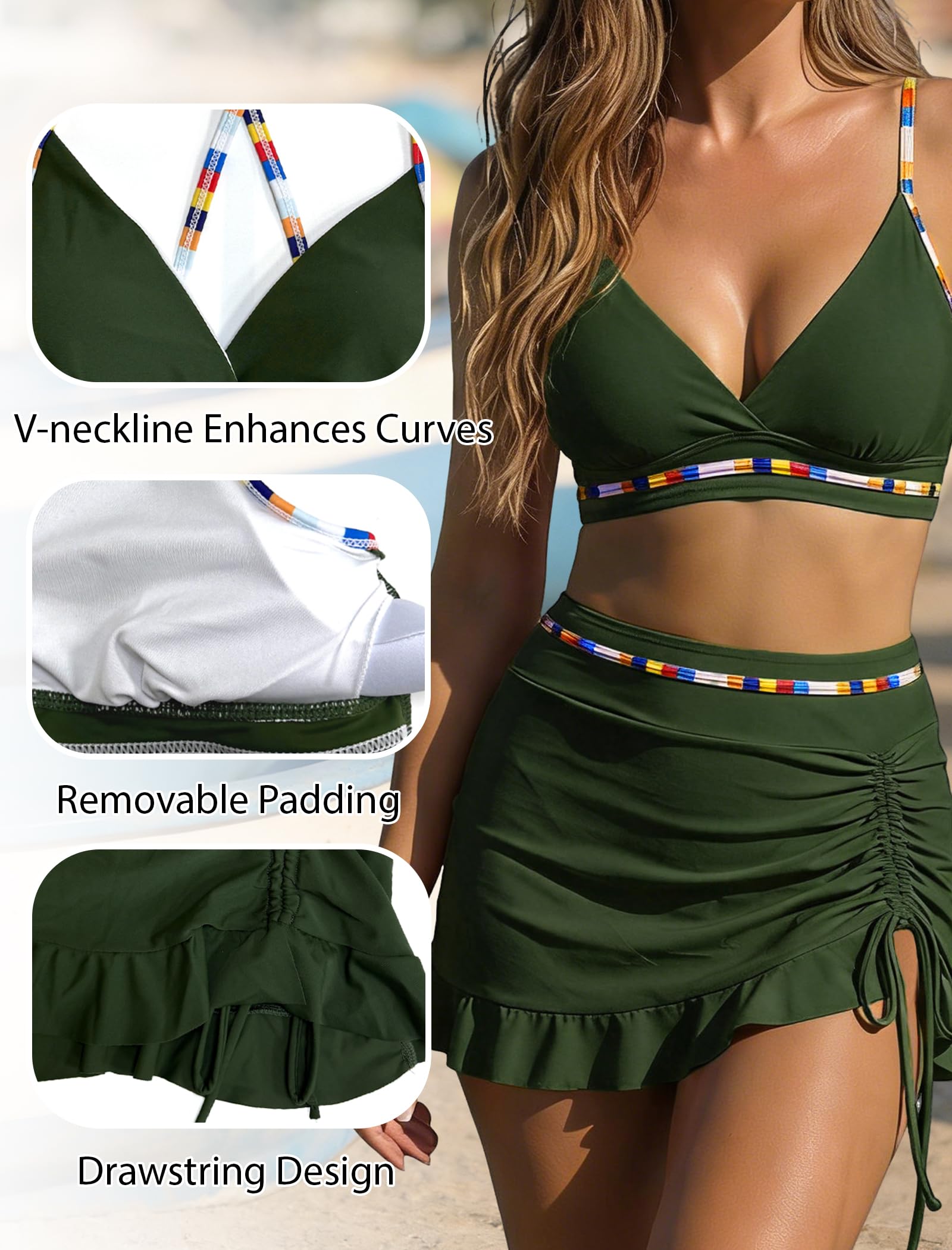 OUSIMEN Costume da Bagno Donna Due Pezzi Costumi Color Block Scollo a V Top Bikini con Lacci Incrociati sul Retro e Pantaloncini da Bagno con Coulisse Laterale a Pieghe