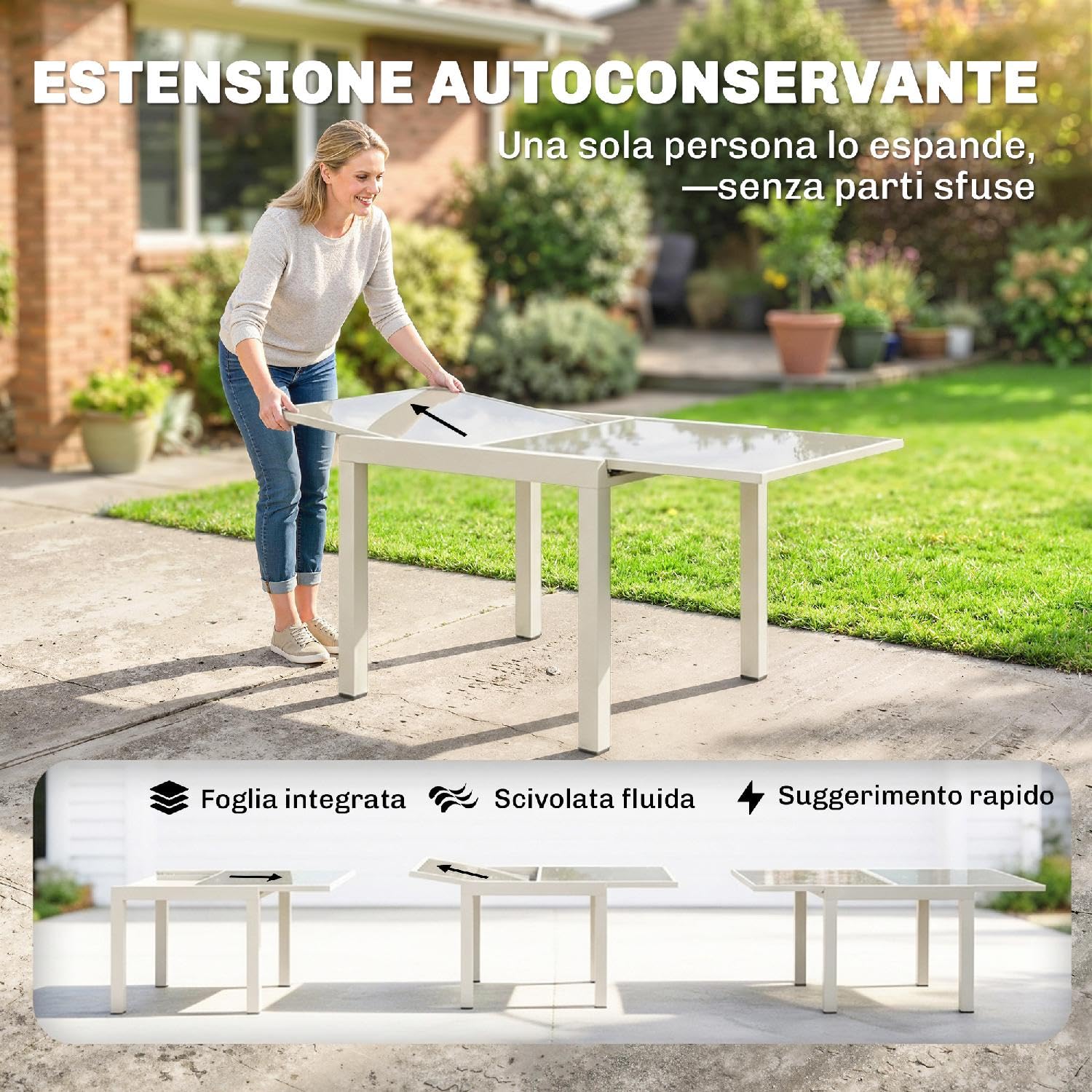 Tavolo da Esterno Giardino, Allungabile, Quadrato, in Alluminio/Vetro Temperato, 90-180x90x75 cm, Bianco Crema