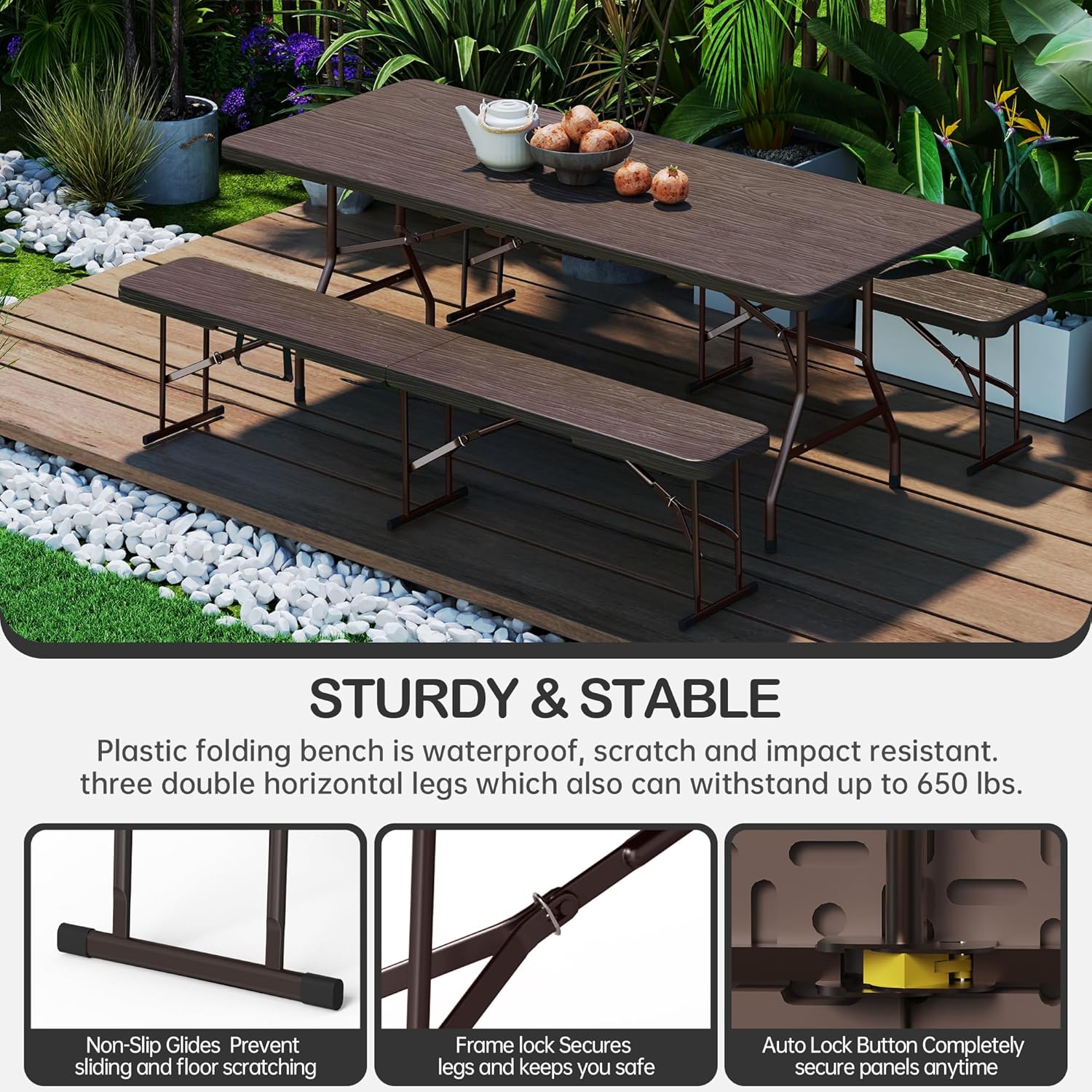 6 Foot Folding Bench, Portable Plastic Folding Bench Seat, Foldable Seat for Indoor Outdoor Picnic Camping Dining, Soccer Garden Multipurpose Entertaining Activities, Brown, 1 Pack