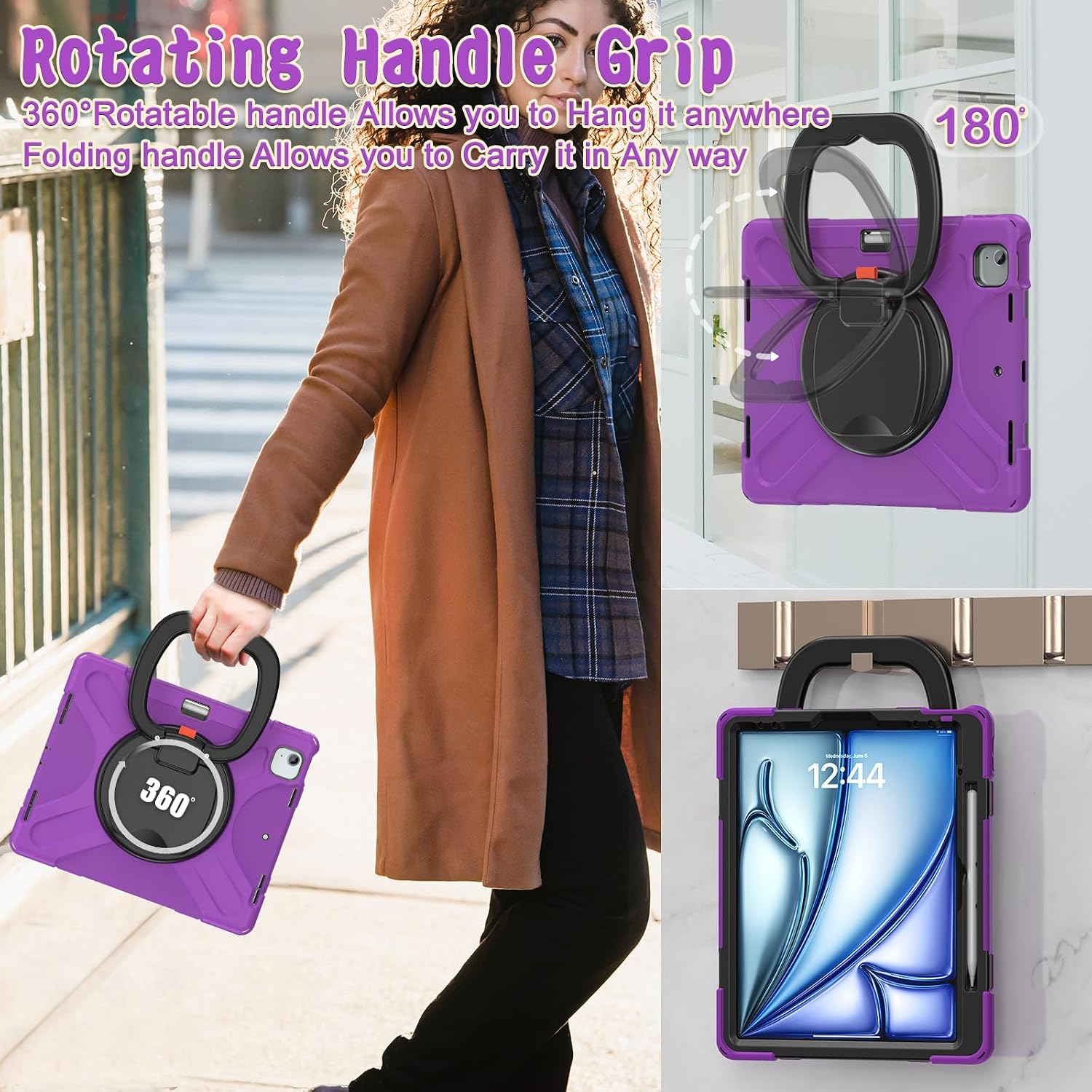 Batianda Case for iPad Air 13 inch 2025 M3 2024 M2 Chip Heavy Duty Rugged Durability Silicone Tablet Cover with 360° Rotating Ring Foldable Kickstand & Shoulder Strap, Purple