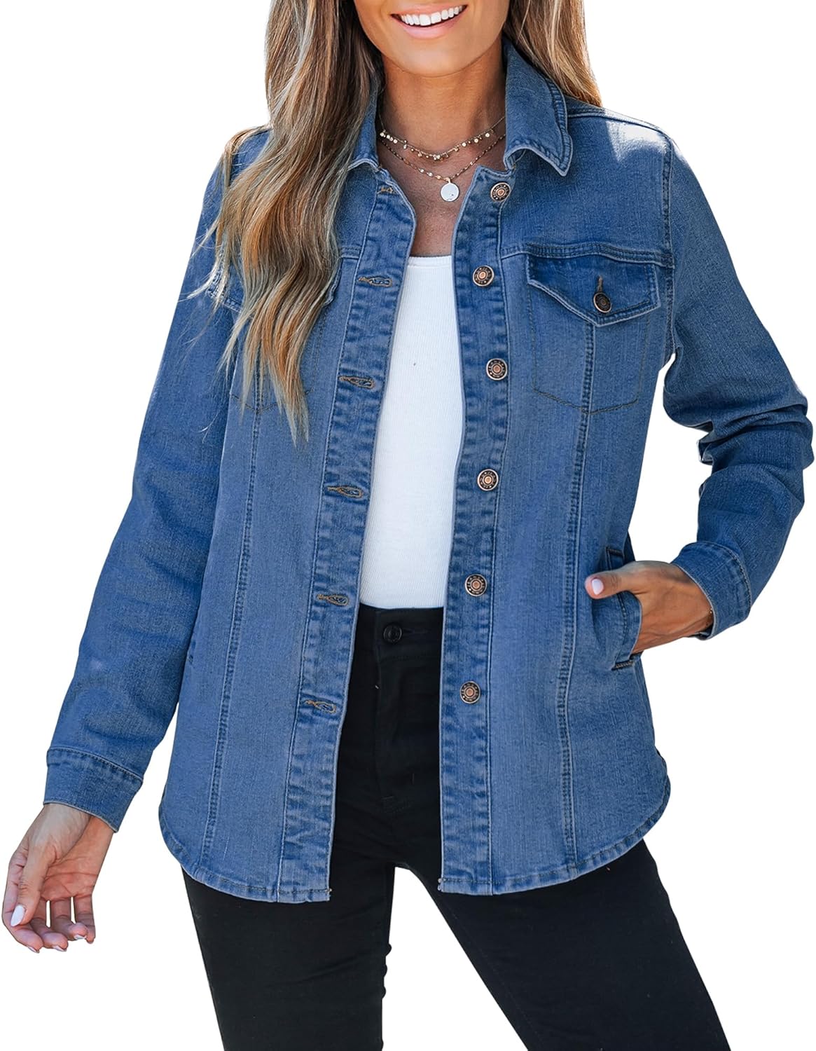Lightweight Jean Jacket Women For Summer Denim Shirts Trendy Womens Blue Jackets Spring Shackets 2023 Fall Shacket With Pockets Size Medium 8 10 Classic