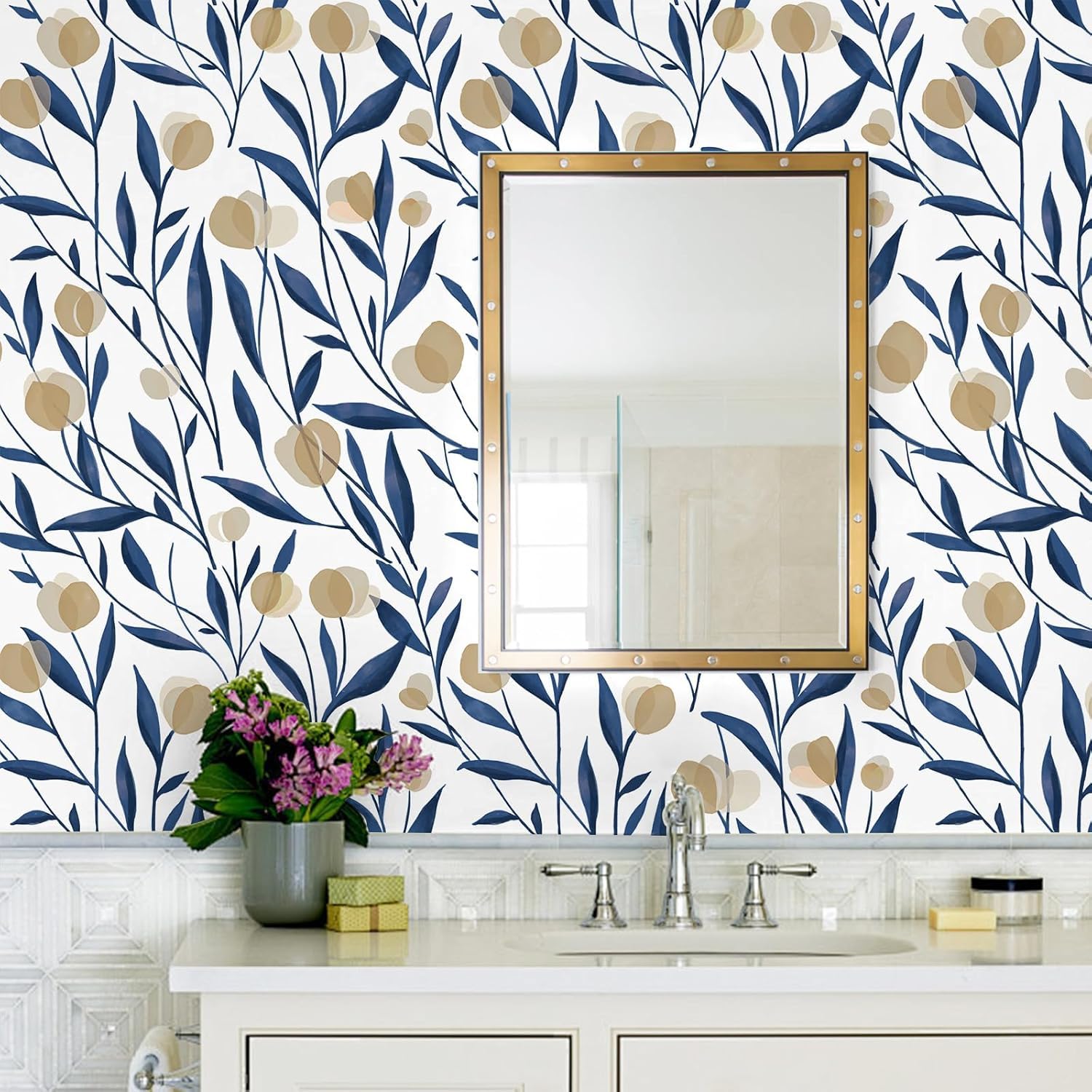 ICYEHAO Self Adhesive Wallpaper Floral, 44 x 500cm Peel and Stick Wallpaper Floral Navy White Tan Flower Leaves Botanical Boho Self Adhesive Furniture Wrap for Living Room,Bathroom,Cabinets,Kitchen