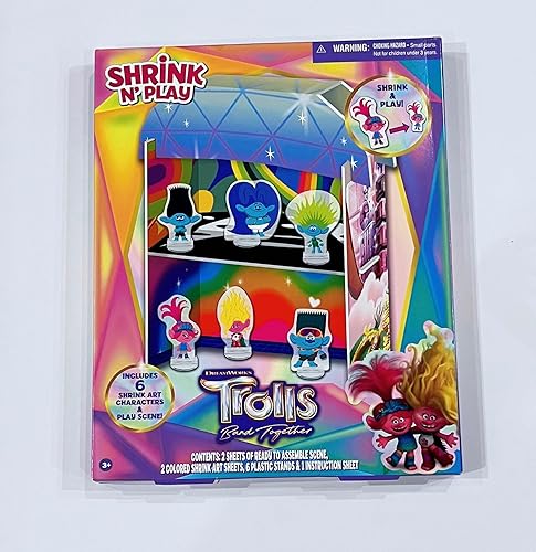 Juego de actividades Shrink and Play Troll Band Together para más de 3 años. Incluye 2 hojas de escena listas para montar, 2 hojas de arte