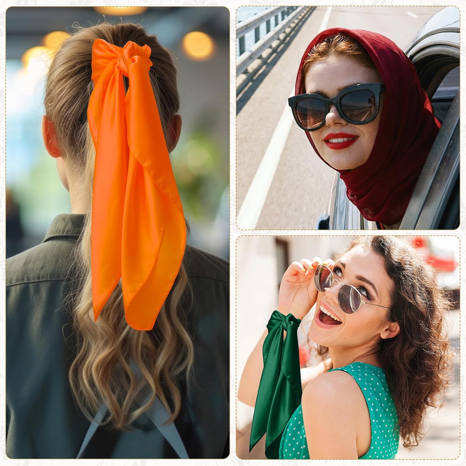 JATEBI Women Large Satin Scarf Silk Feel Square Wraps Big Hair Bandanas Vintage Print Solid Color Bandana Scarves - Image 5