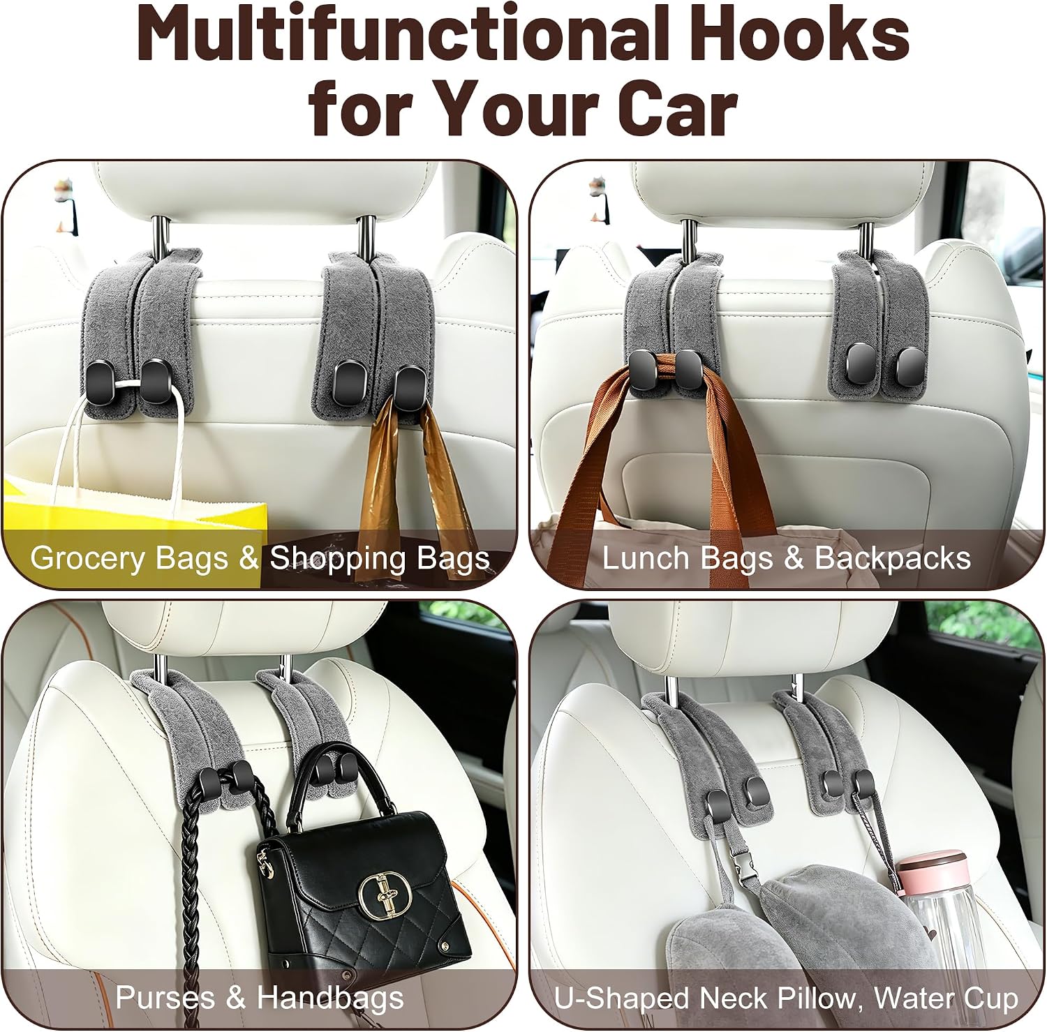 SUKIPIN Headrest Hooks for Car, Purse Hook for Car Headrest 4 Pack Gray