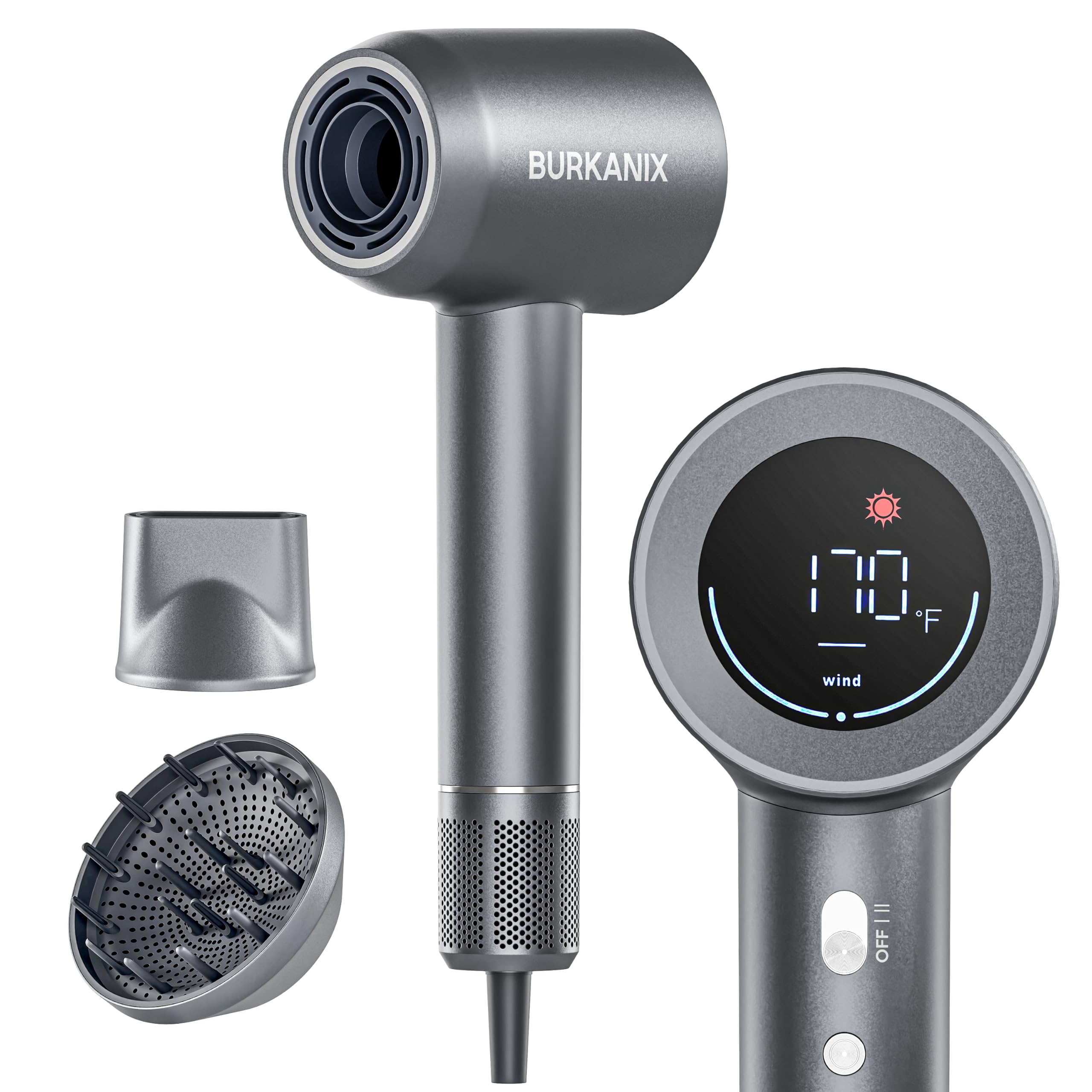 Hair Dryer, High-Speed Ionic Blow Dryer with Diffuser, Low Noise Fast Drying Hair Dryer with Brushless Motor, Thermo-Control Professional Hair Dryer for Curly Hair Dark Gray