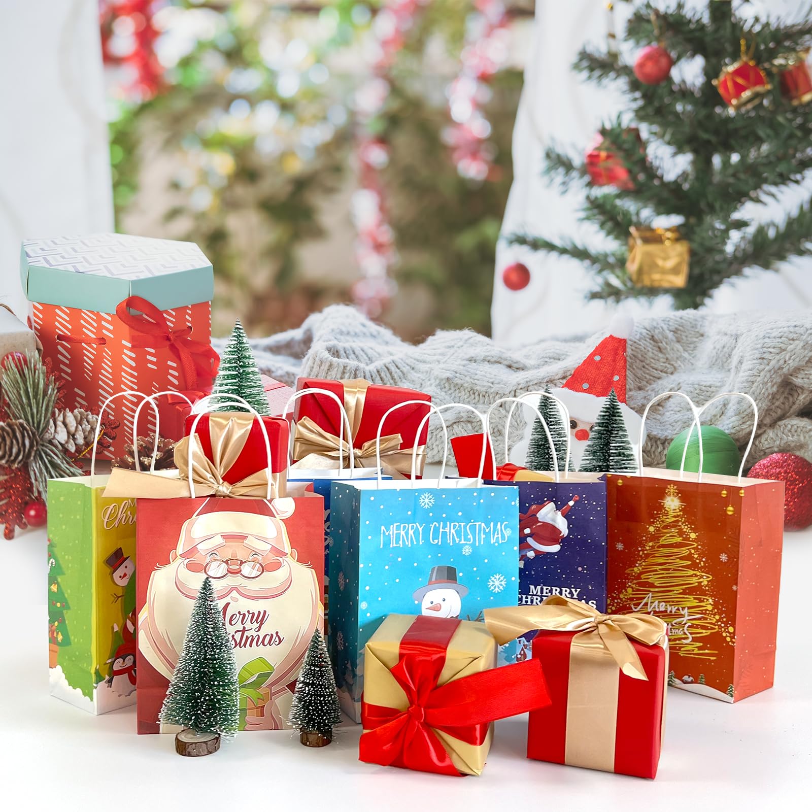 24 Pcs Kraft Gift Bags - Medium Christmas Paper Bags with Handles - Six Holiday Designs for Presents and Party Favors