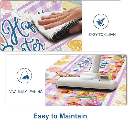 Miniatura 5 de Tapetes de cocina de Pascua, juego de 2, color rosa y azul, patrón de animales, antideslizantes y reductores de viaje, 17 x 29 y 17 x 47 pulgadas