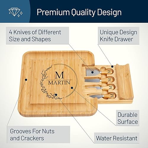 Miniatura 27 de RoyalHouse Juego único de tabla de queso de bambú y cuchillos con 2 cajones deslizables para cubiertos, juego de tablas de charcutería, regalos