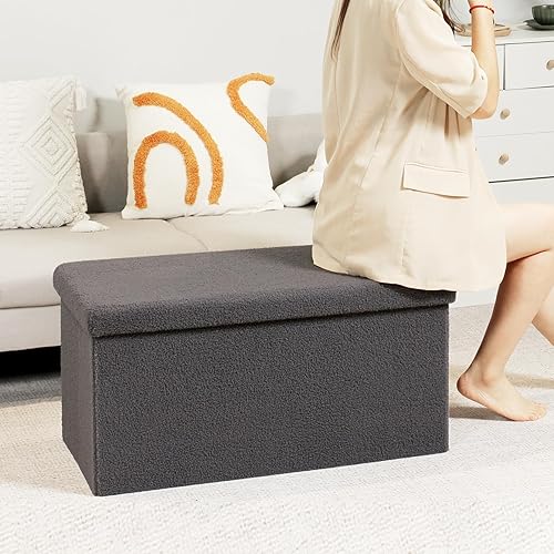 Miniatura 116 de PINPLUS Otomanas otomanas de almacenamiento con forma cuadrada con reposapiés de almacenamiento para sala de estar, asiento otomano Boucle para