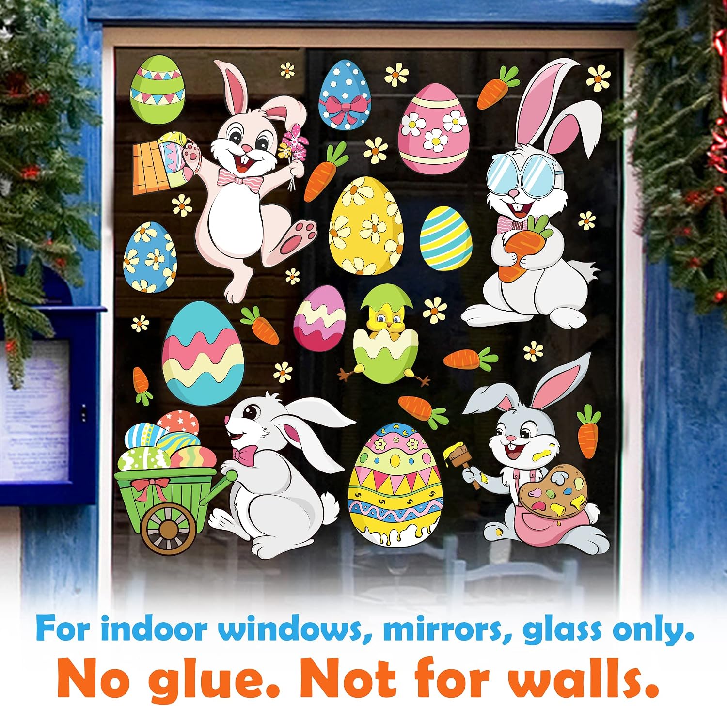Ivenf Easter Decorations Window Clings Decals Decor, Extra Large Easter Eggs Bunny Carrot Flowers Party Supplies Gifts, Spring Window Clings Decorations for Kids School Home Office, 4 Sheet 57 pcs