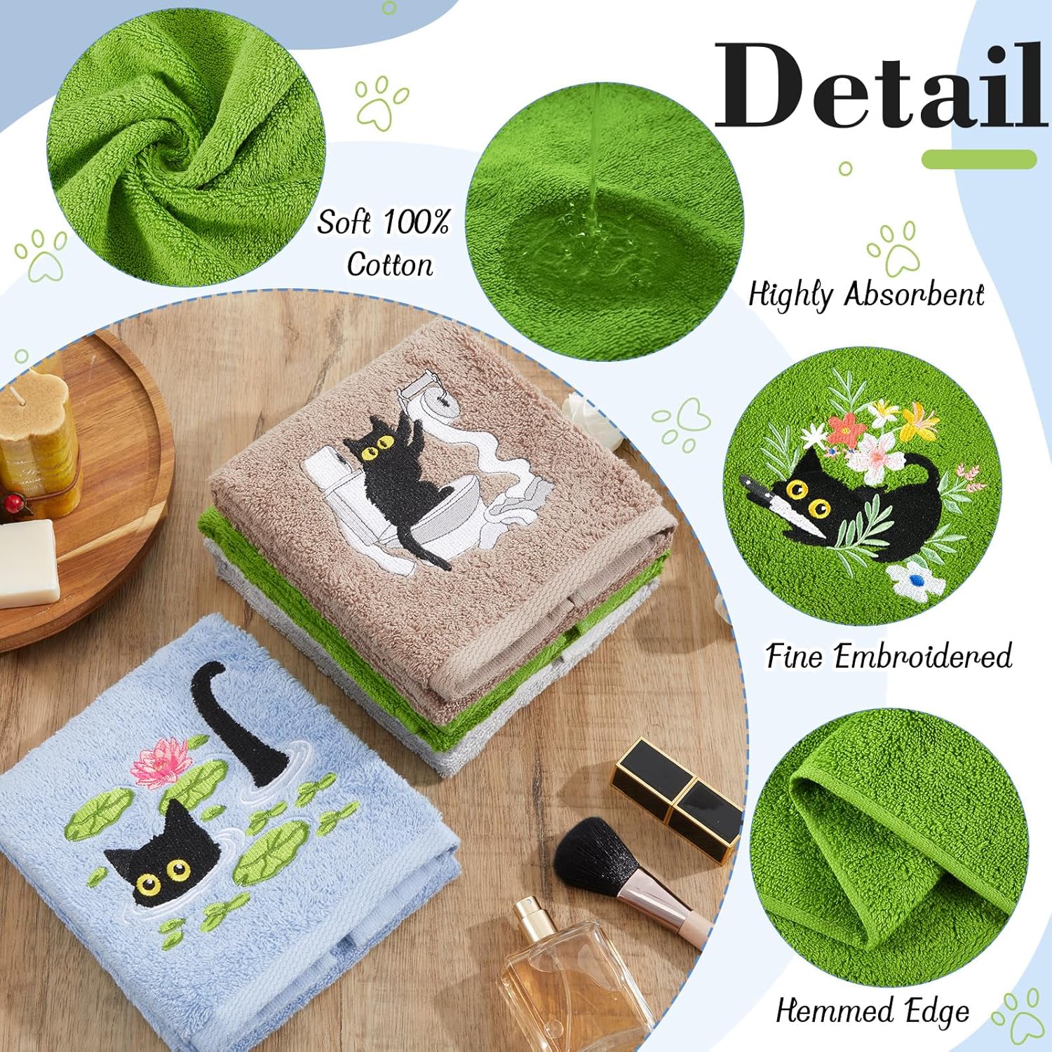 4 Pack Funny Black Cat Hand Towels Embroidered Towels Set for Bathroom Kitchen Decor Soft Absorbent Cotton Face Wash Cat Lover Gifts for Women Men Home Accessories 29" x 13" - Image 4