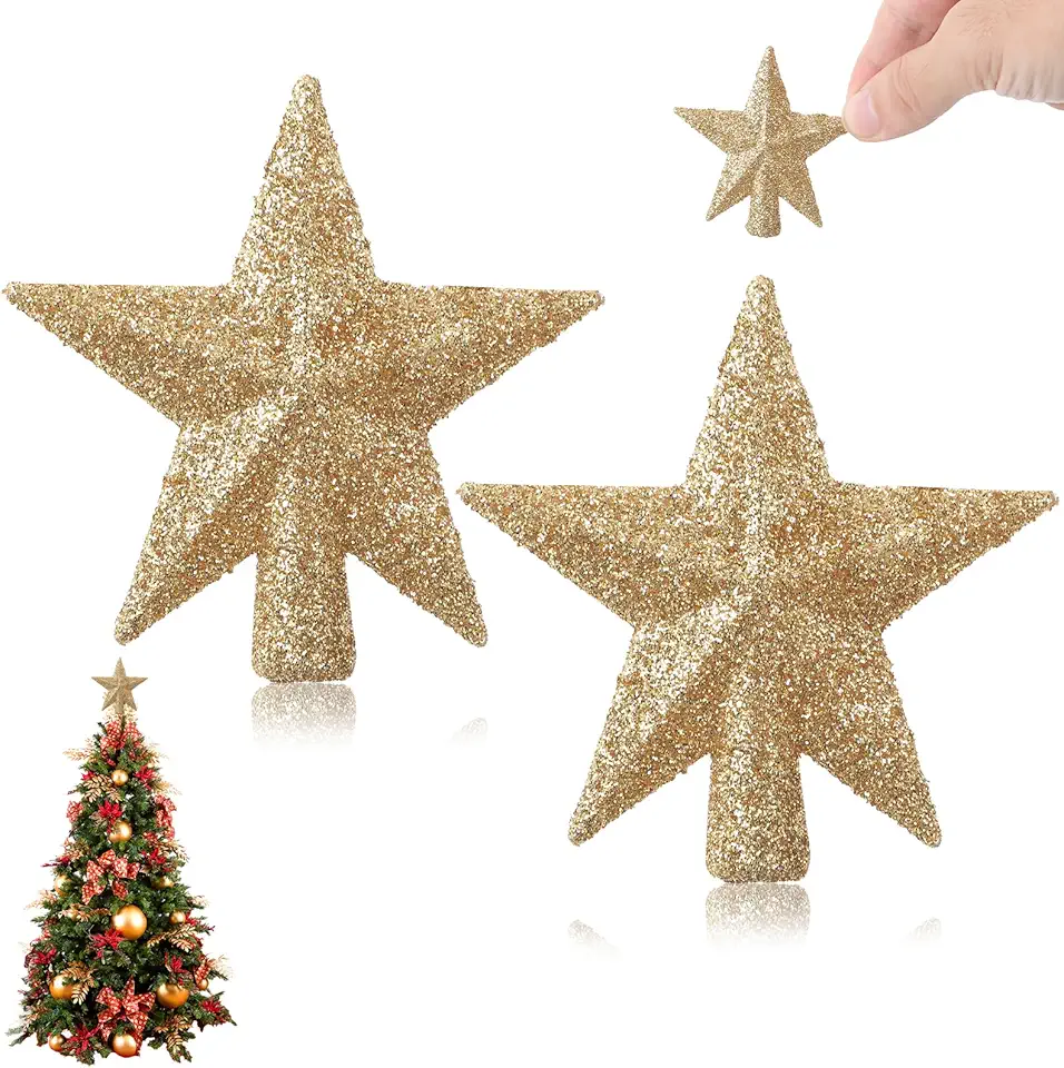 2 Pcs Mini Christmas Tree Topper, Small Tree Topper Glitter Stars Xmas Tree Topper Small Christmas Ornaments Christmas Star Treetop for Xmas Holiday Party Decor ﻿(2.4 Inch)